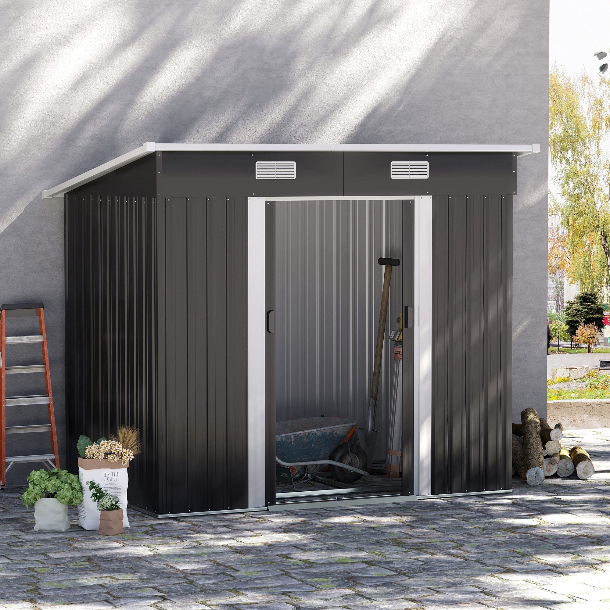 7 x 4ft Outdoor Storage Shed with Foundation Kit, Lean to Metal Garden Shed for Log, Rubbish Bin, Tool, Lawnmower, Bike, Patio and Lawn Use Outsunny