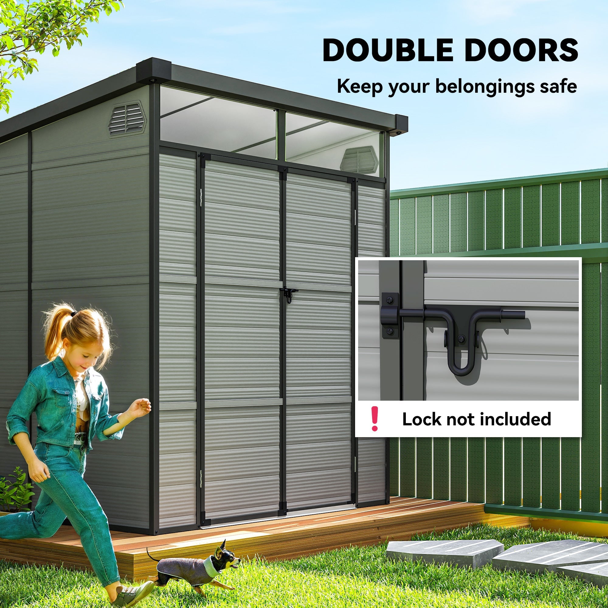 6 x 6ft Outdoor Storage Shed, Plastic Garden Shed with Windows and Air Vents, Outdoor Resin Tool Shed with Latch Doors for Garden, Deck Outsunny