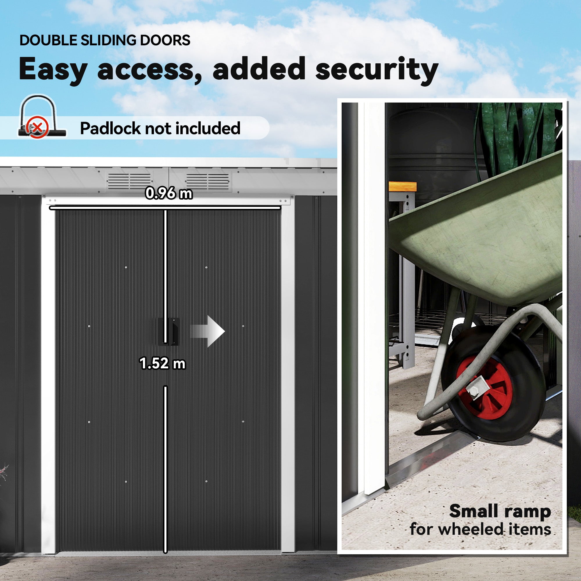 9ft x 4ft Metal Garden Shed, Outdoor Tool House with Foundation Kit, Ventilations and Double Doors Outsunny