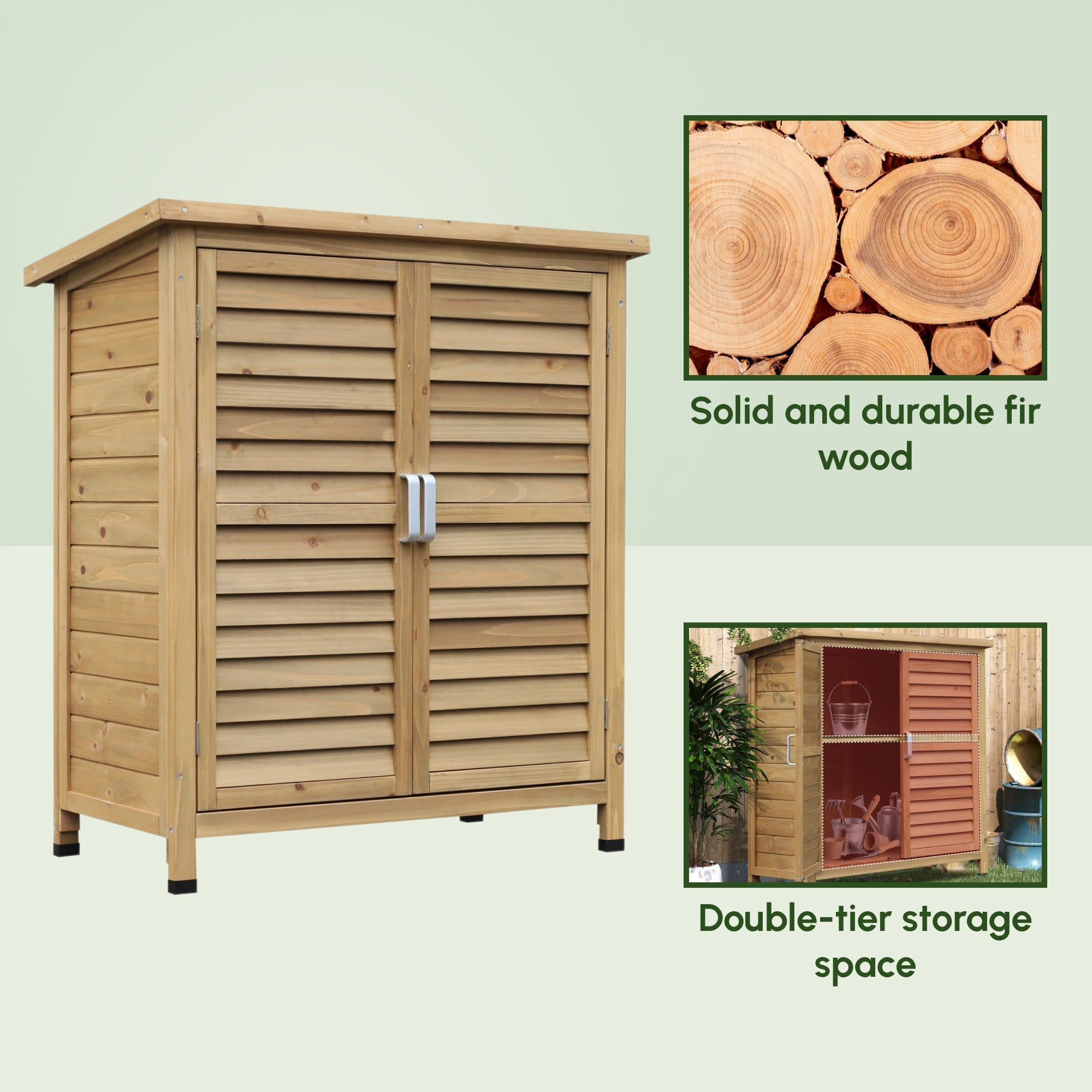 Garden Shed Wooden Garden Storage Shed 2 Door Unit Solid Fir Wood Garage Tool Organisation Cabinet, 87L x 46.5W x 96.5Hcm, Natural Outsunny