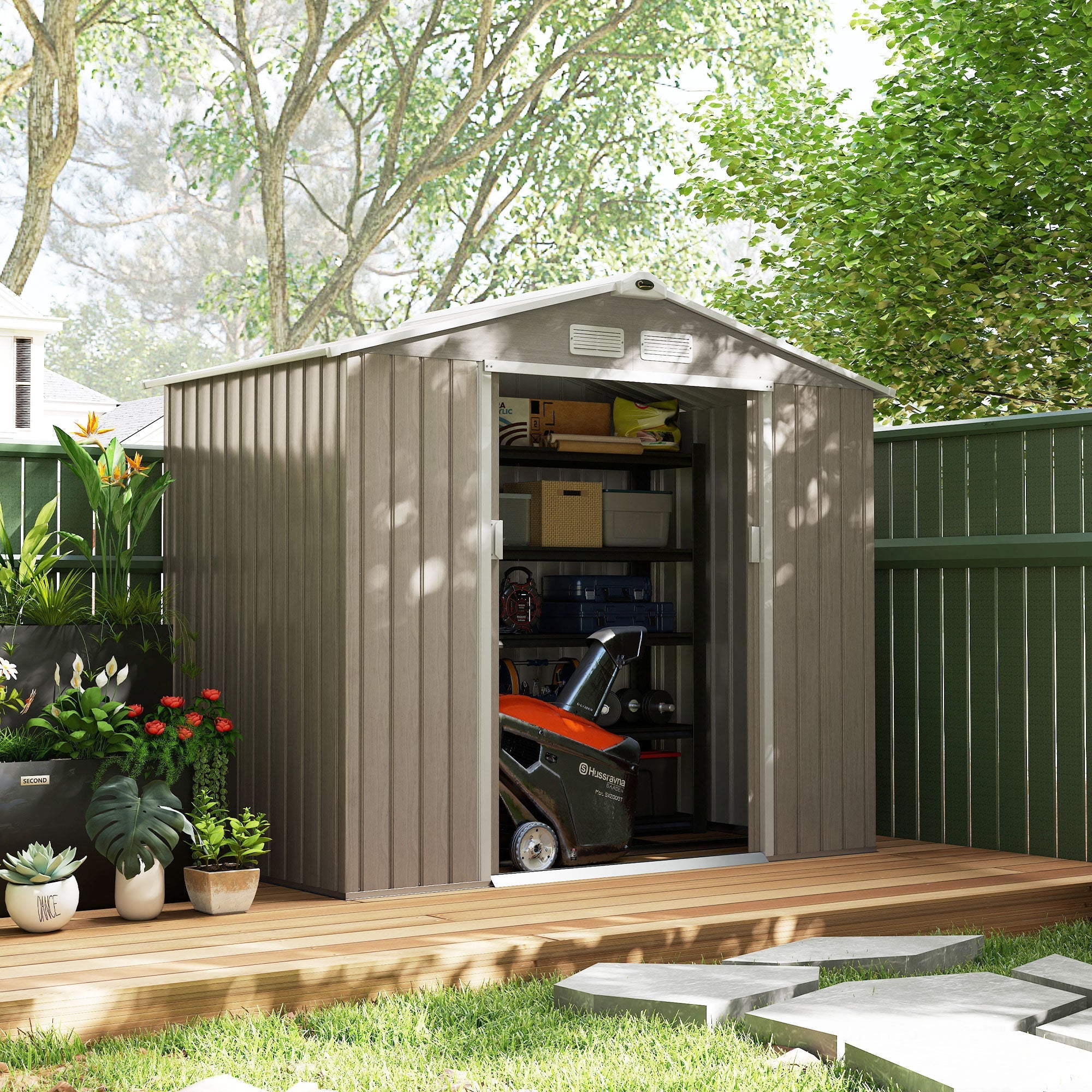 7 x 4ft Metal Garden Storage Shed with Vents, Floor Foundation Kit and Lockable Double Doors Outsunny