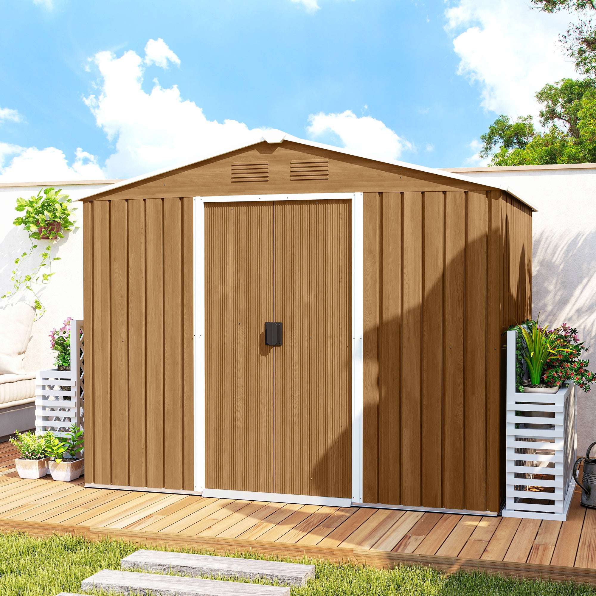 8x6 Metal Storage Shed Galvanised Steel Frame with Sloped Roof & Double Door for Homeowners, Brown Outsunny