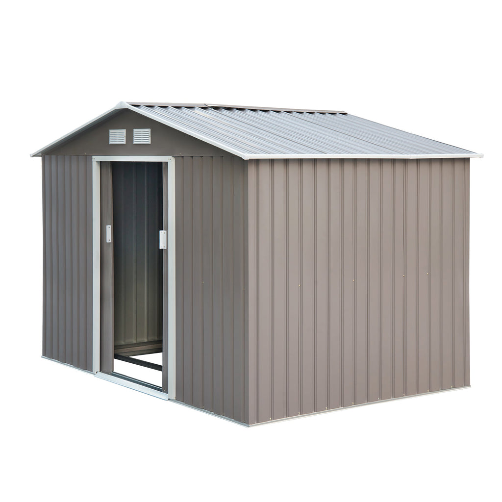 9 x 6FT Outdoor Garden Roofed Metal Storage Shed Tool Box with Foundation Ventilation & Doors Light Outsunny