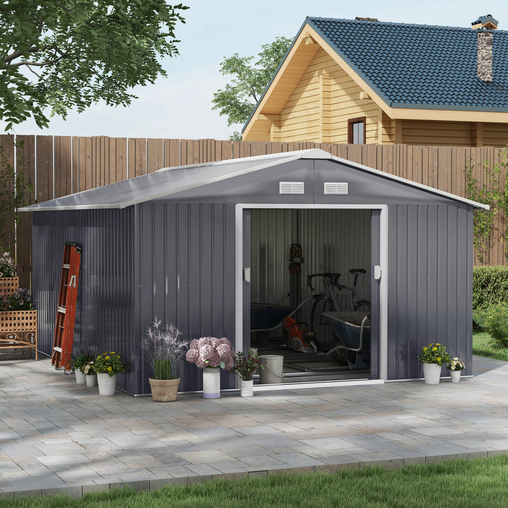 13 x 11ft Metal Garden Shed, Outdoor Storage Tool House with Ventilation Slots, Foundation Kit and Lockable Double Doors