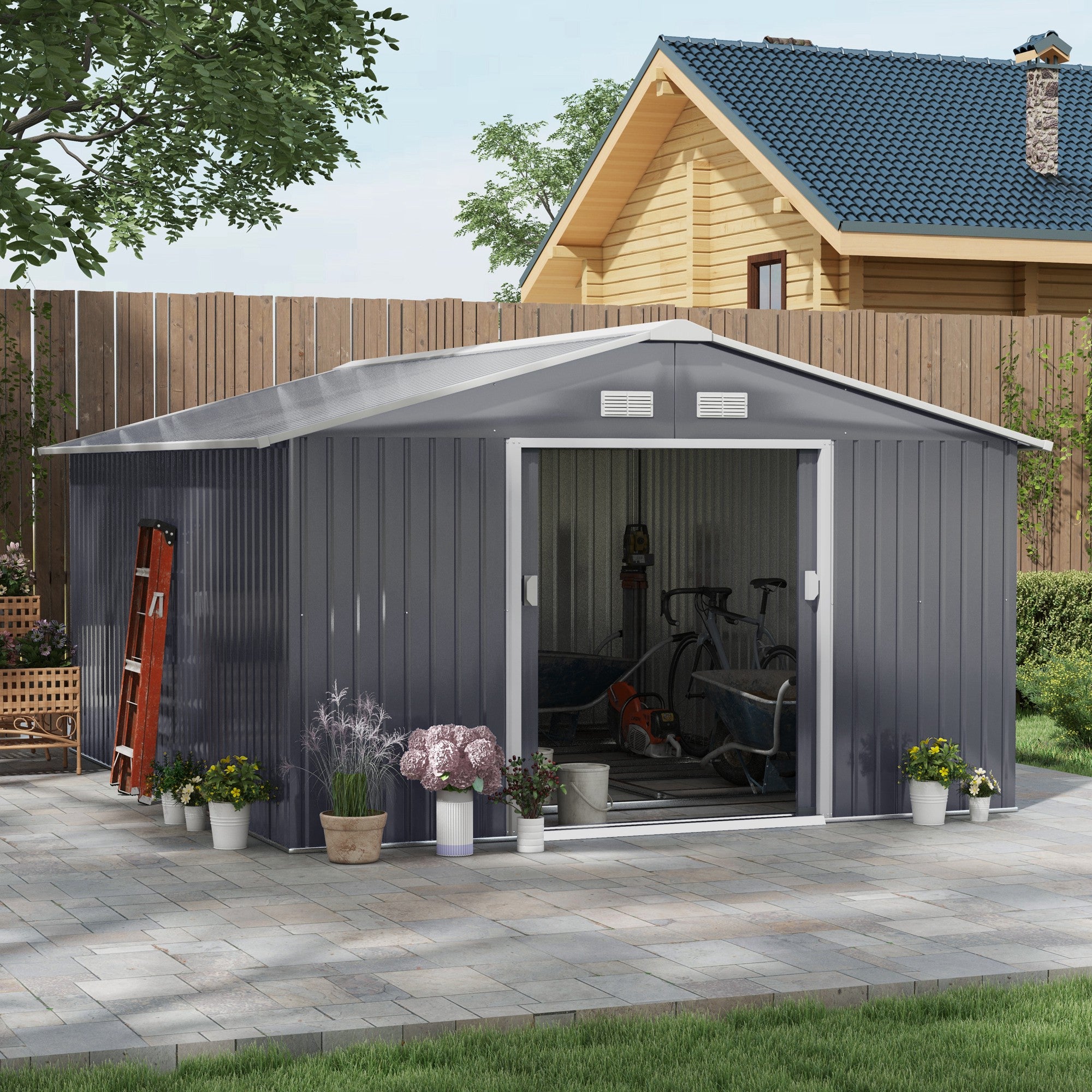 13 x 11ft Metal Garden Shed, Outdoor Storage Tool House with Ventilation Slots, Foundation Kit and Lockable Double Doors