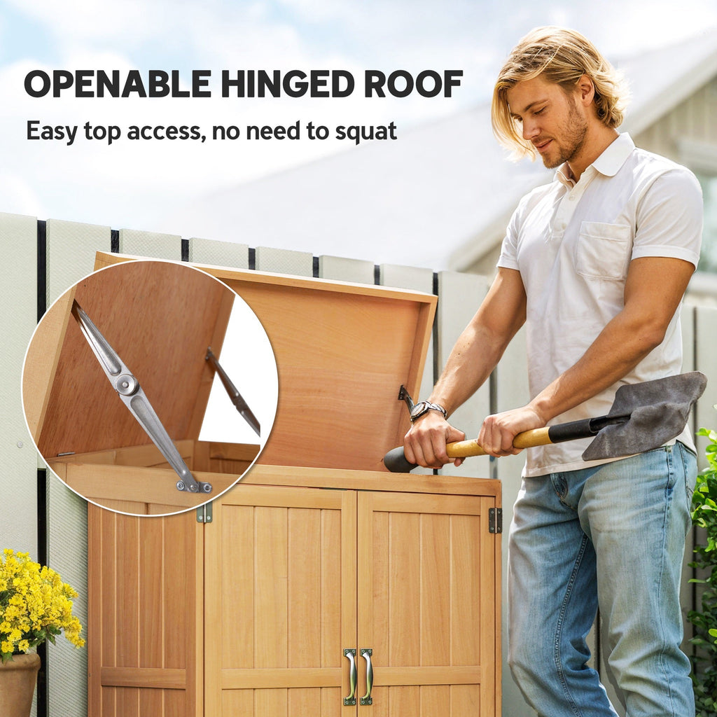 Small Shed, Wooden Garden Shed with Openable Hinged Roof and Removable Shelf, Outdoor Tool Storage Cabinet Chest with Double Doors, 74 x 43 x 88 cm, Natural Wood Finish Outsunny
