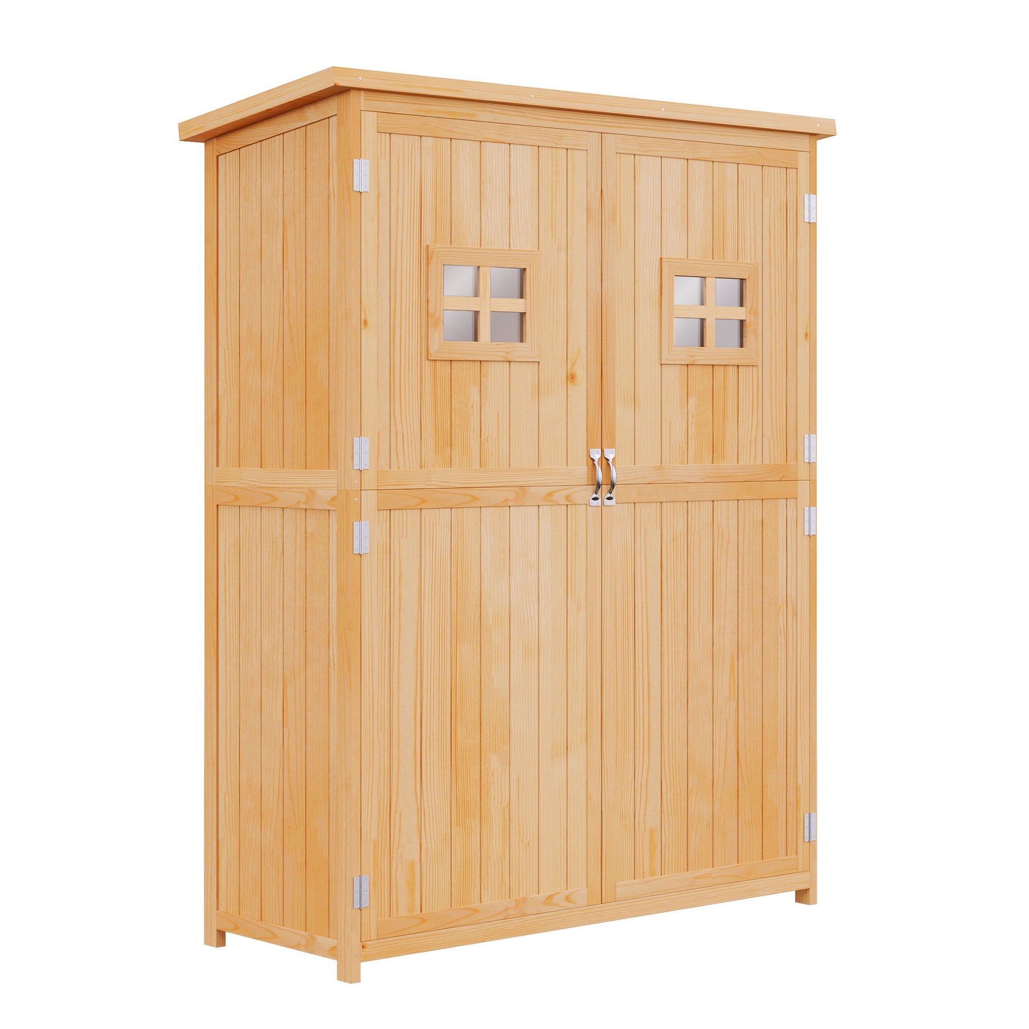 Wooden Garden Shed with Two Windows, Tool Storage Cabinet, Outdoor Double Door Organizer 127.5L x 50W x 164H cm, Natural Outsunny