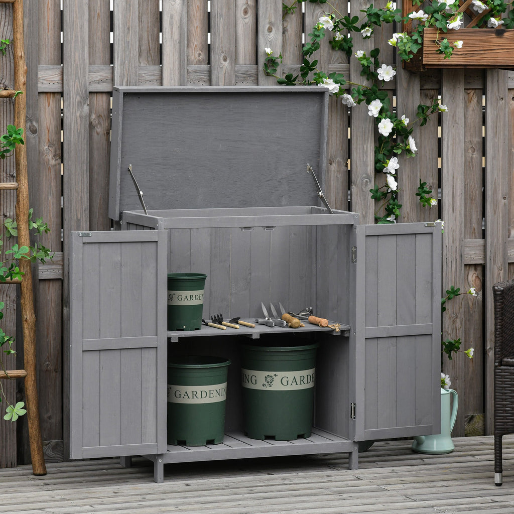 Small Shed, Wooden Garden Shed with Openable Hinged Roof and Removable Shelf, Outdoor Tool Storage Cabinet Chest with Double Doors, 74 x 43 x 88 cm Outsunny
