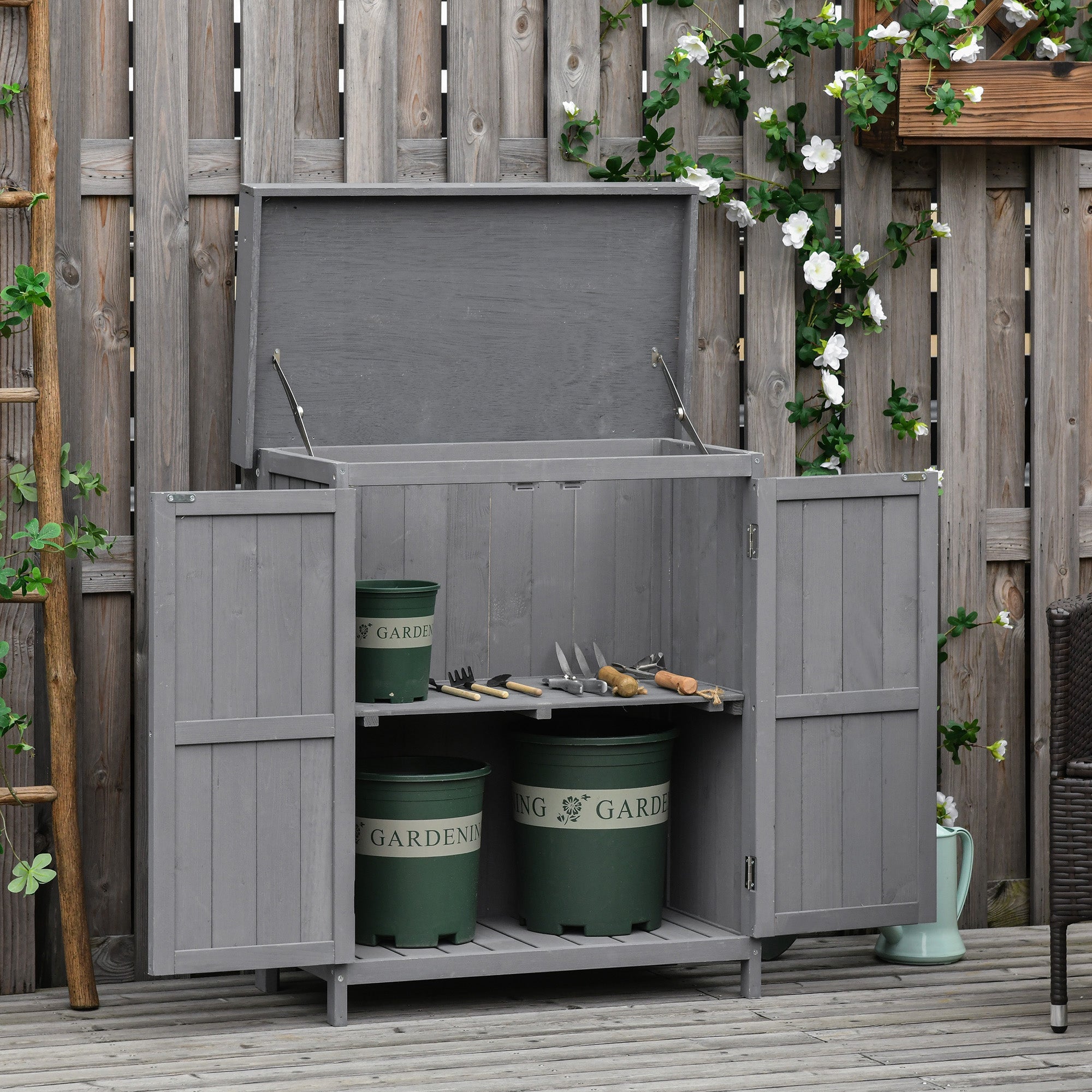 Small Shed, Wooden Garden Shed with Openable Hinged Roof and Removable Shelf, Outdoor Tool Storage Cabinet Chest with Double Doors, 74 x 43 x 88 cm Outsunny