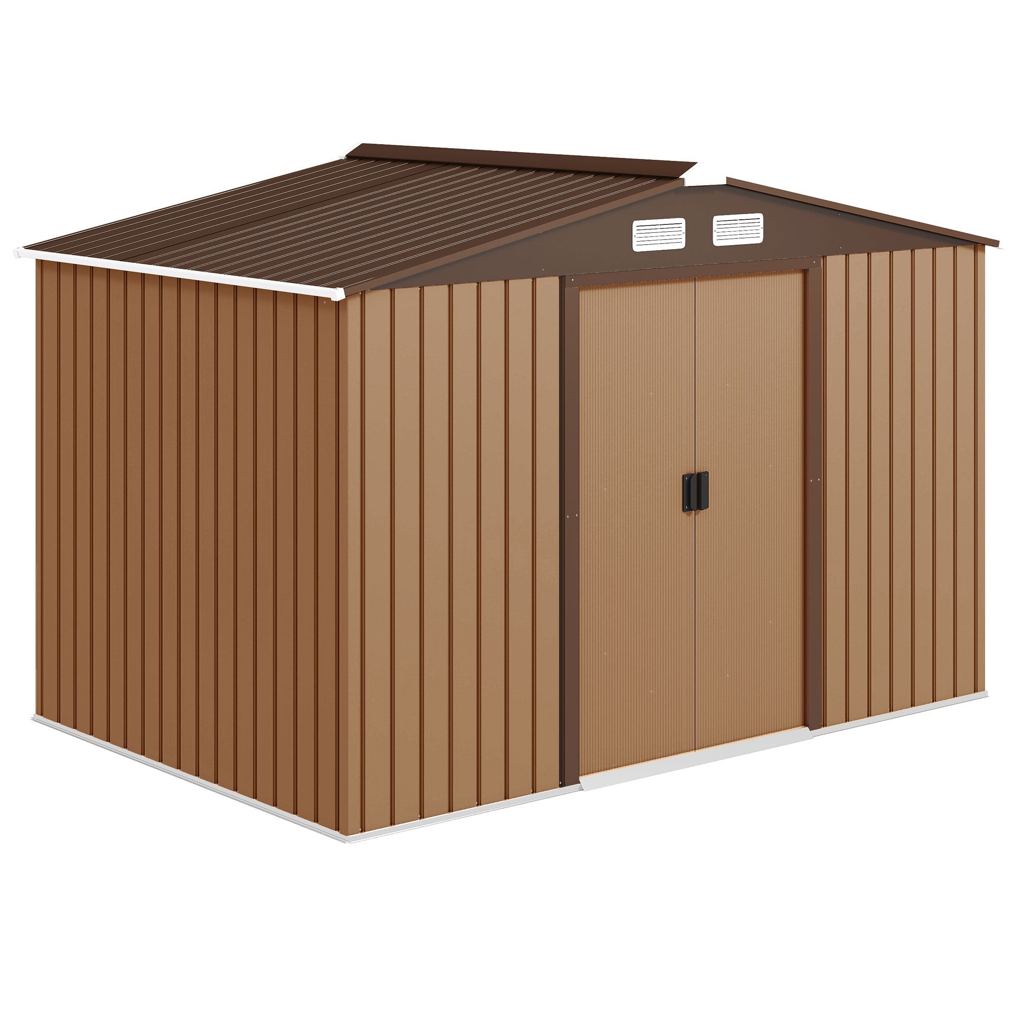 9 x 6ft Metal Garden Shed, Outdoor Storage Tool House with Ventilation Slots, Foundation Kit and Lockable Double Doors, Light Brown Outsunny