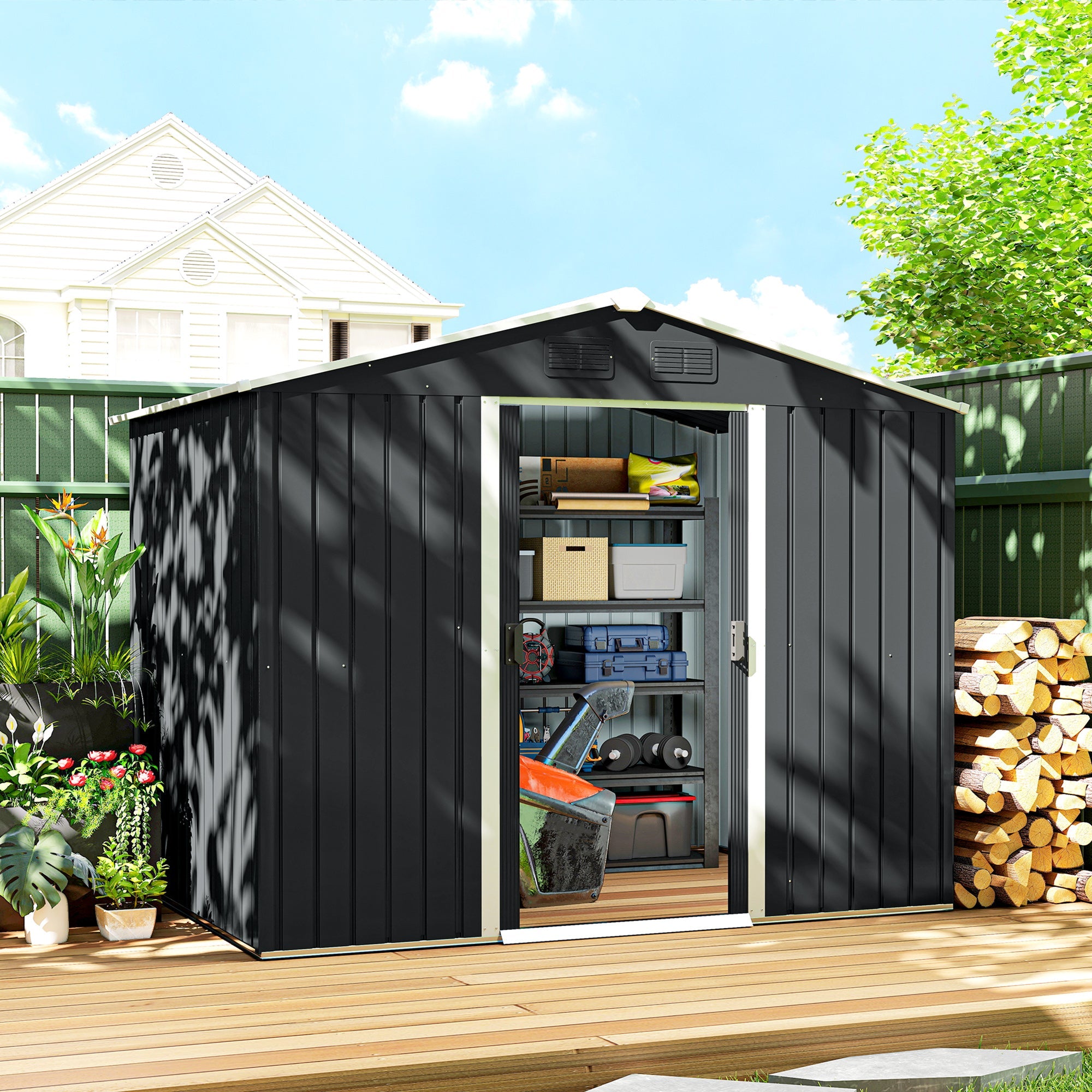 7.7 x 5.7ft Metal Garden Shed, Galvanised Outdoor Tool Storage House with Ventilation Slots and Sliding Doors Outsunny