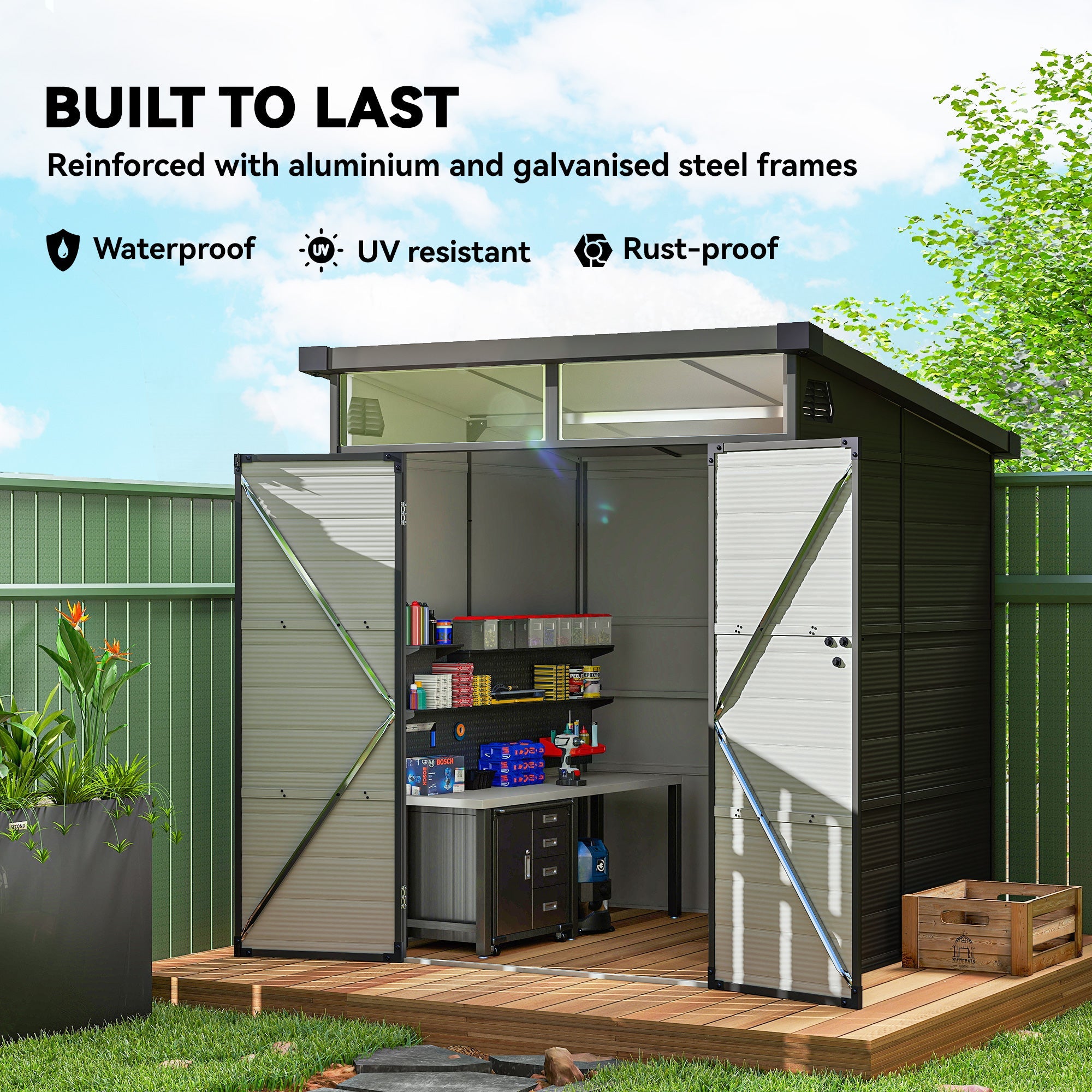 6 x 6ft Outdoor Storage Shed, Plastic Garden Shed with Windows and Air Vents, Outdoor Resin Tool Shed with Latch Doors for Garden, Deck Outsunny