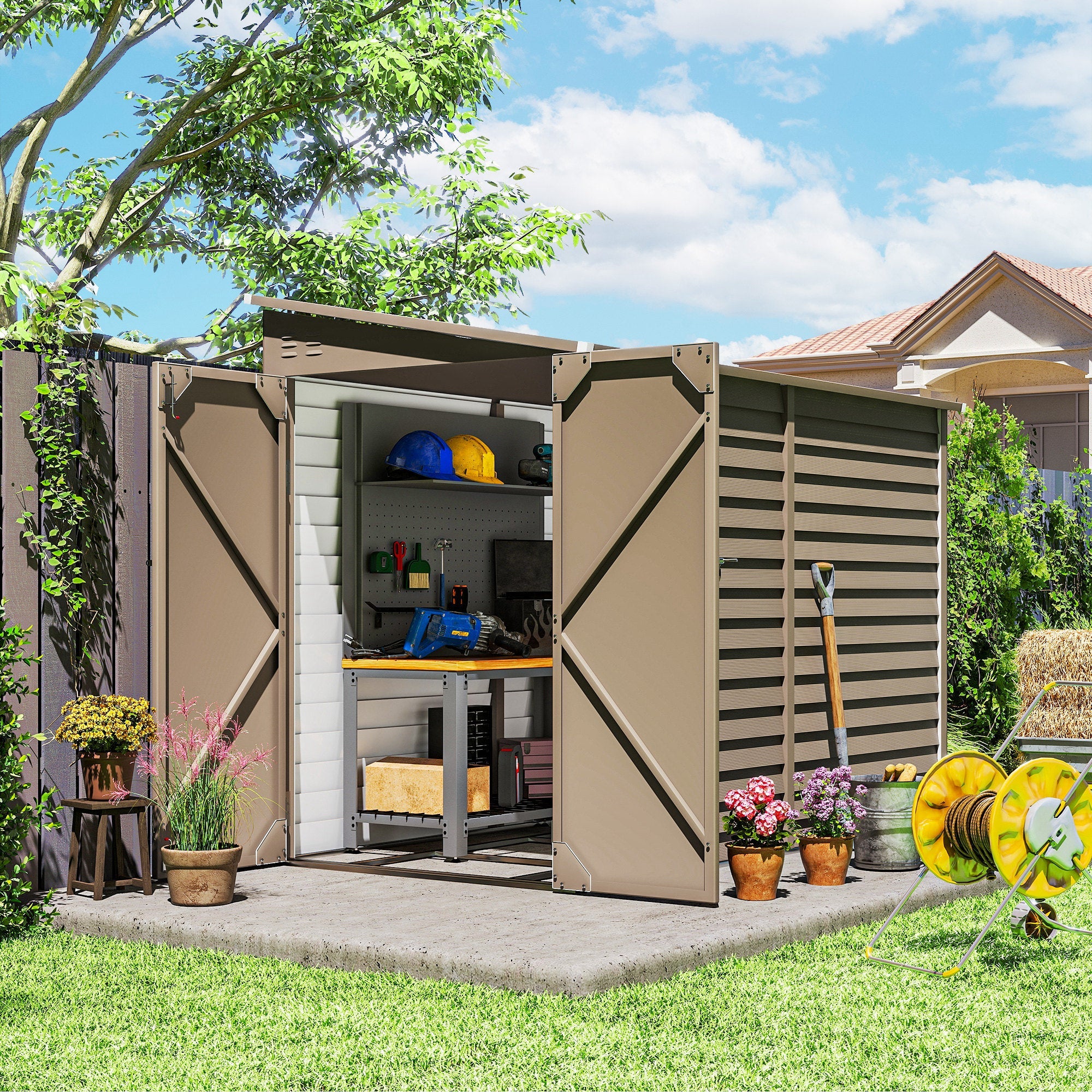 5 x 9ft Galvanised Metal Garden Shed with Foundation Kit, Outdoor Lean-to Shed, Tool Storage House with Lockable Doors, Gloves and 2 Air Vents for Patio Outsunny