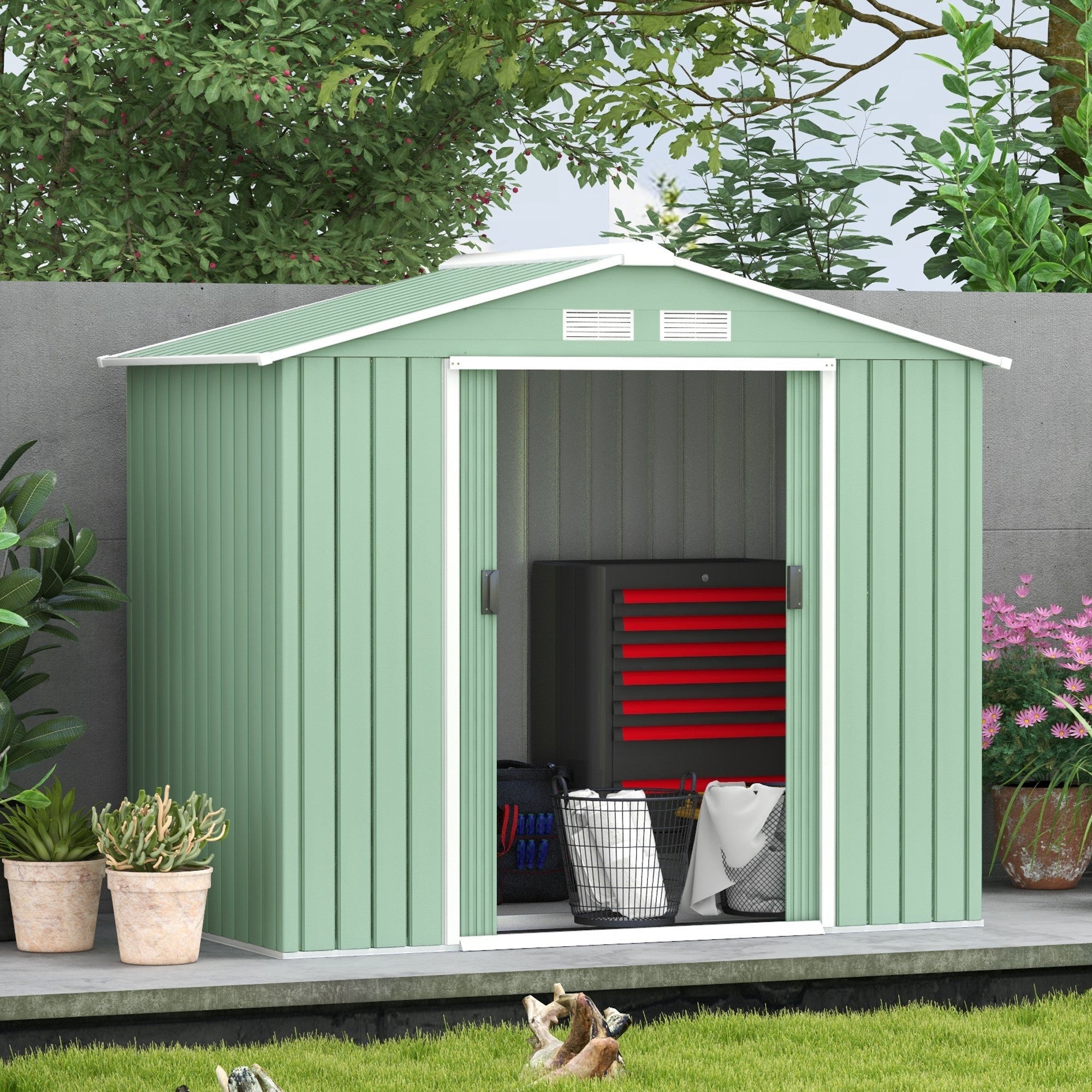 7 x 4ft Metal Garden Shed, Outdoor Storage Tool House with Ventilation Slots, Foundation Kit and Lockable Double Doors Outsunny