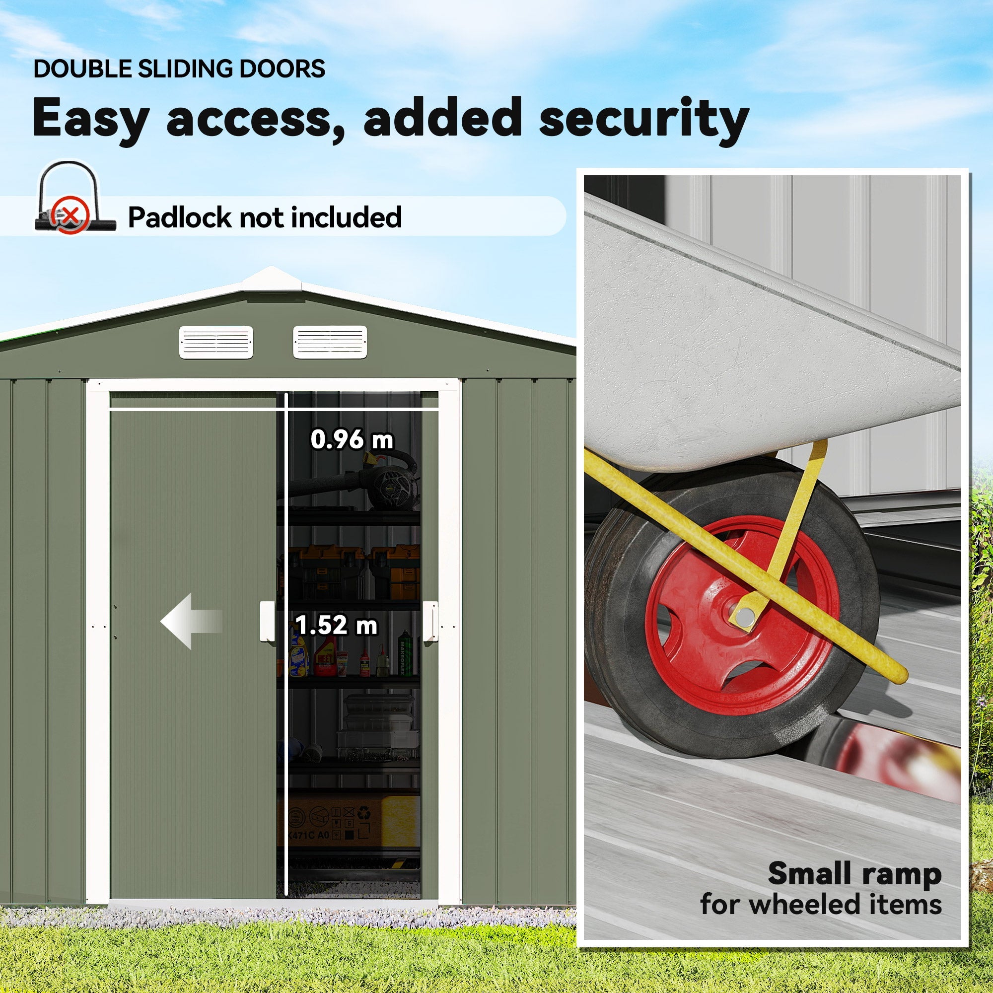 9 x 6ft Metal Garden Shed, Outdoor Storage Tool House with Ventilation Slots, Foundation Kit and Lockable Double Doors Outsunny