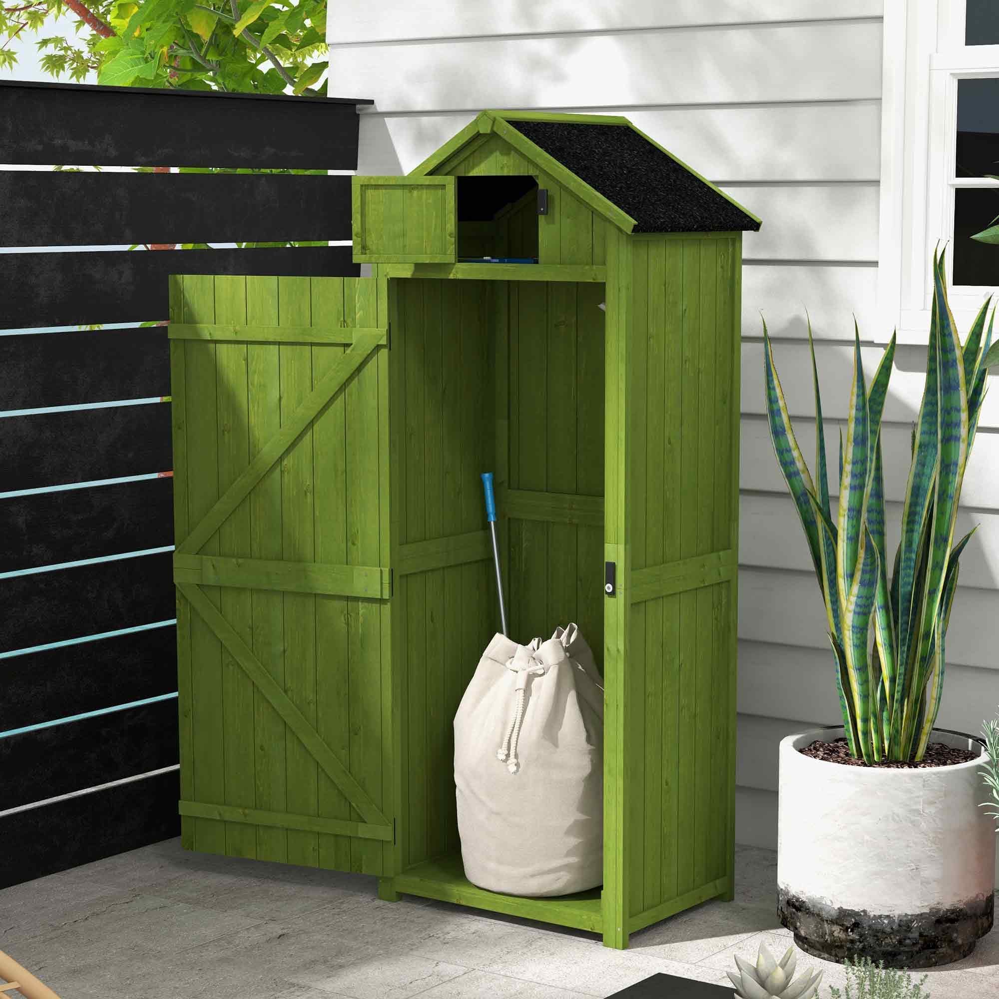 Small Shed, Tall Slim Wooden Garden Shed with 3 Removable Shelves and Roof Hatch, Compact Outdoor Tool Storage Cabinet with Asphalt Roof and Door Latch, 77 x 54.2 x 179 cm Outsunny