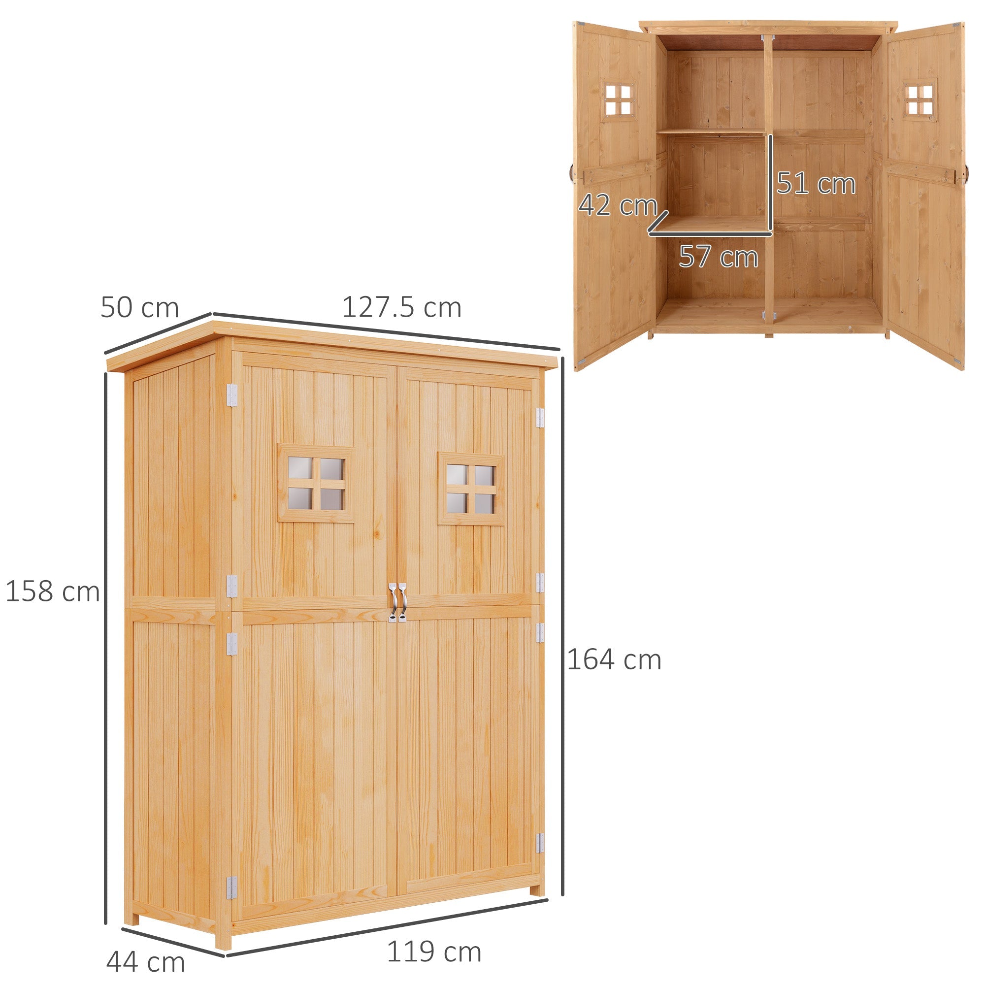 Wooden Garden Shed with Two Windows, Tool Storage Cabinet, Outdoor Double Door Organizer 127.5L x 50W x 164H cm, Natural Outsunny