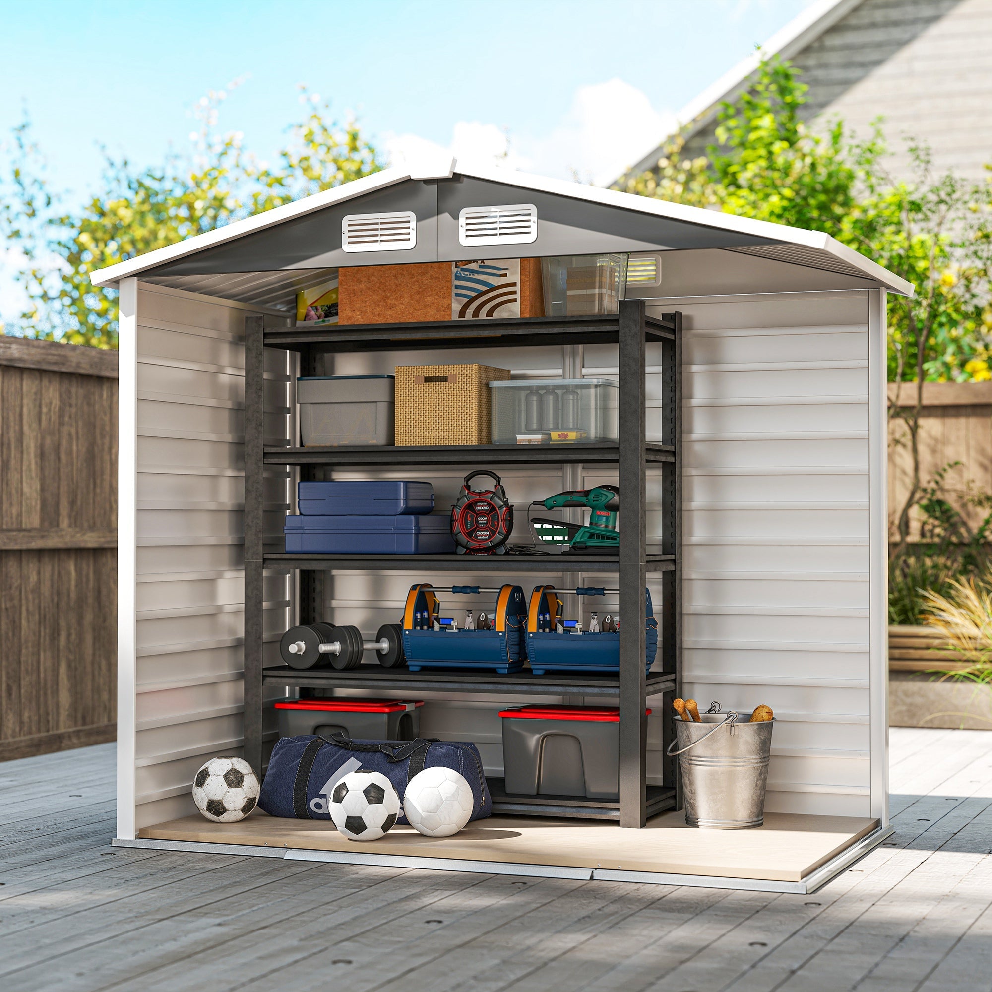 7 x 4ft Garden Shed, Easy to Assemble, Upgraded Galvanised Steel Frame with Foundation Kit, Double Doors with Lock, Outdoor Metal Shed with Vents and Gloves, Garden Storage Shed Outsunny