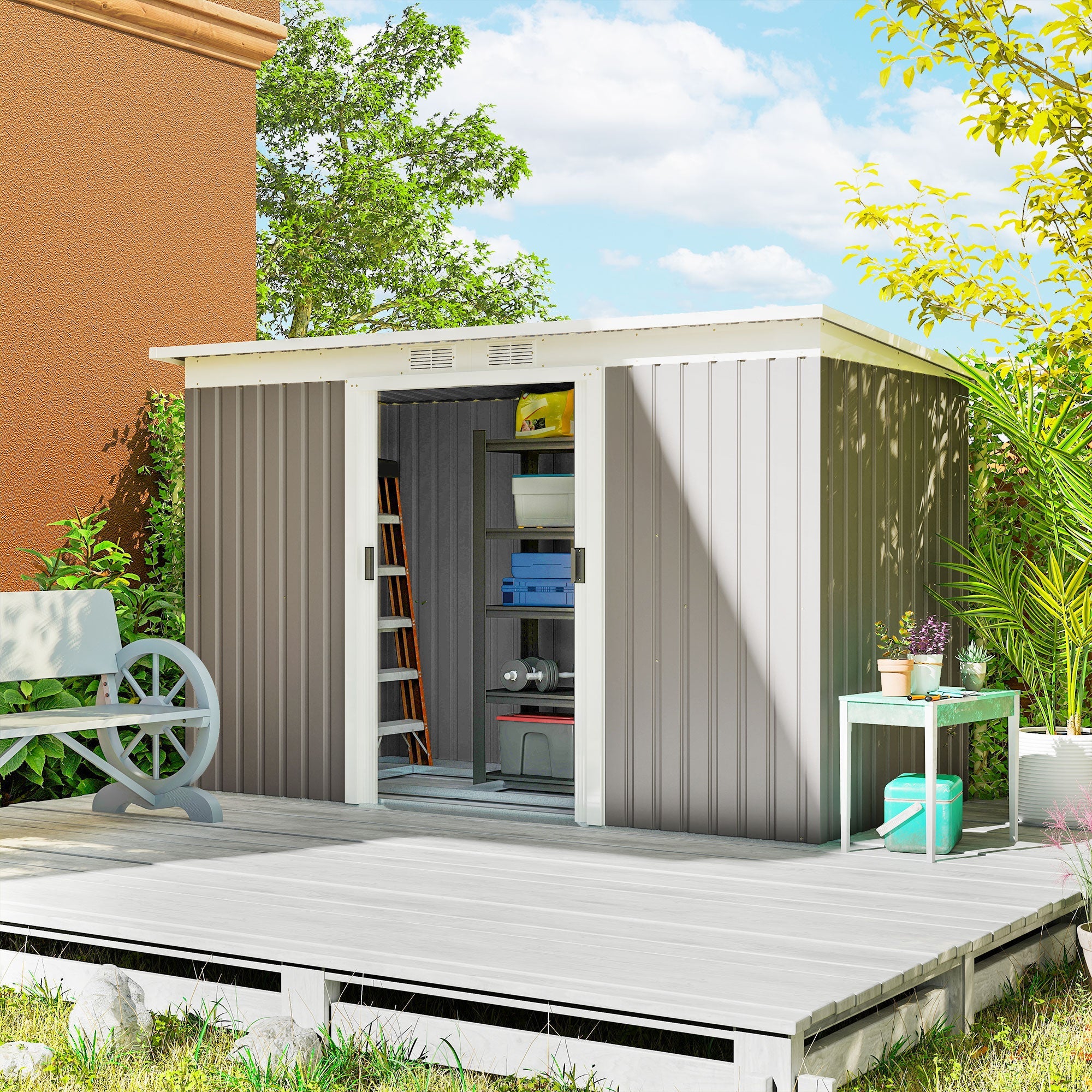 Corrugated Garden Shed 9 x 4 Ventilated Lockable Tool Shed for Outdoor Equipment Outsunny