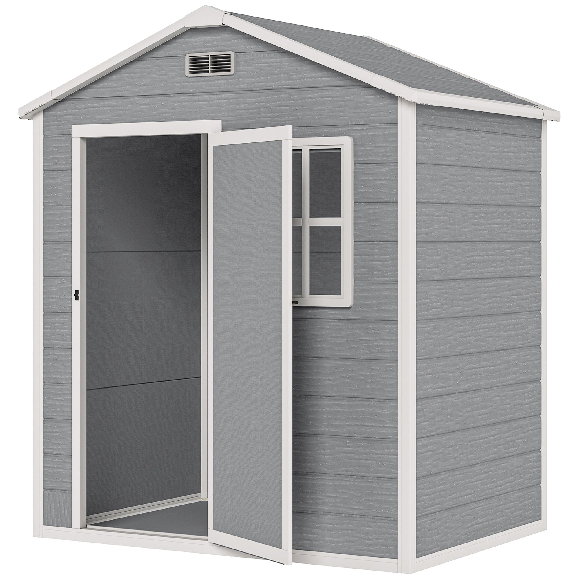 6 x 4ft Garden Shed, Plastic Shed with Floor, Window, Lockable Door and Vents, Wood Effect Resin Tool Shed for Outdoor, Grey Outsunny