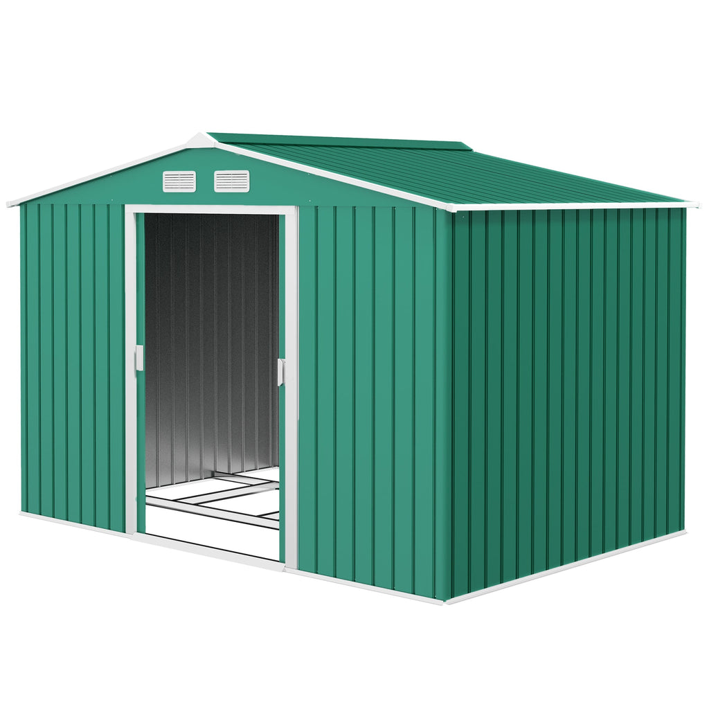 9 x 6ft Metal Garden Shed, Outdoor Storage Tool House with Ventilation Slots, Foundation Kit and Lockable Double Doors, Green Outsunny