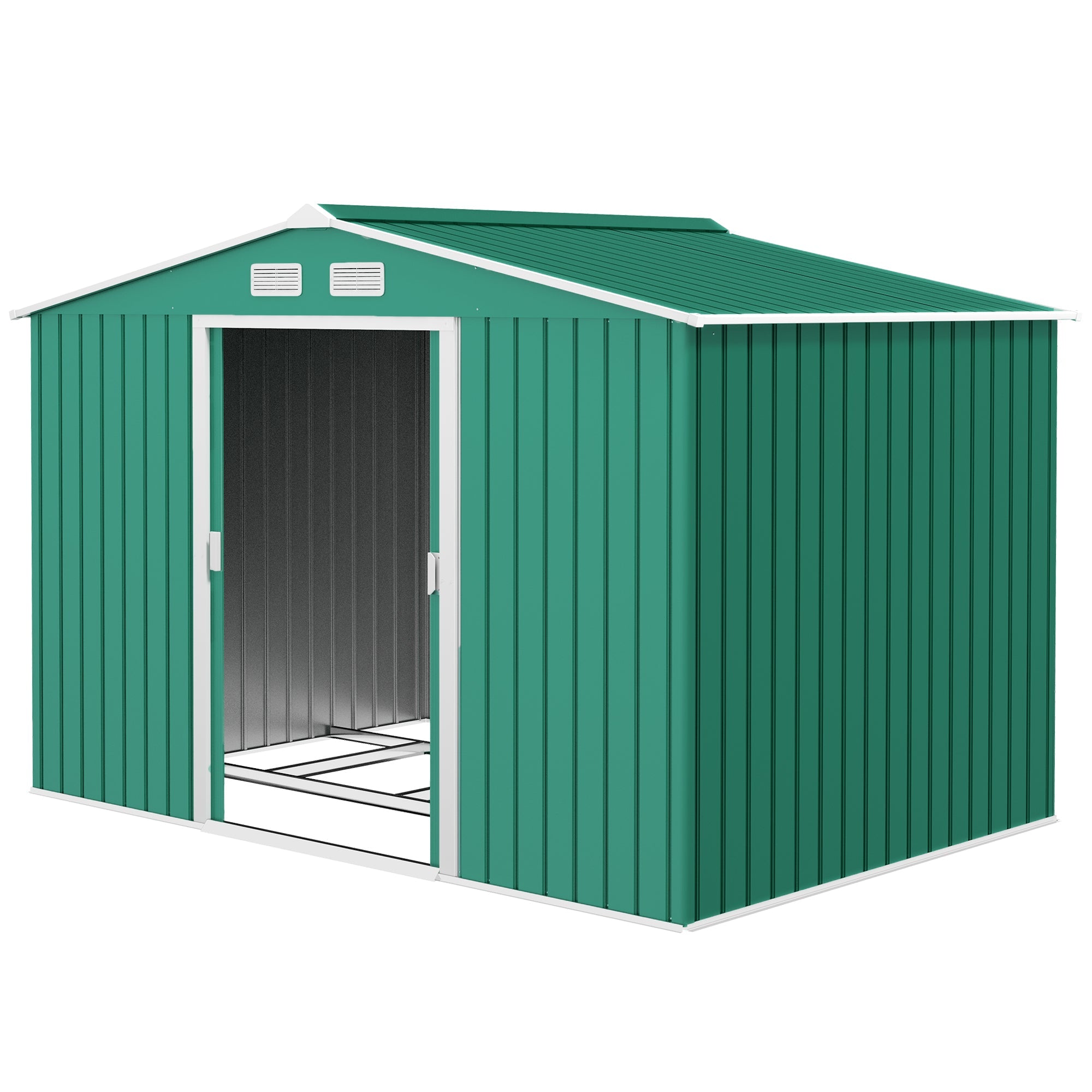 9 x 6ft Metal Garden Shed, Outdoor Storage Tool House with Ventilation Slots, Foundation Kit and Lockable Double Doors, Green Outsunny