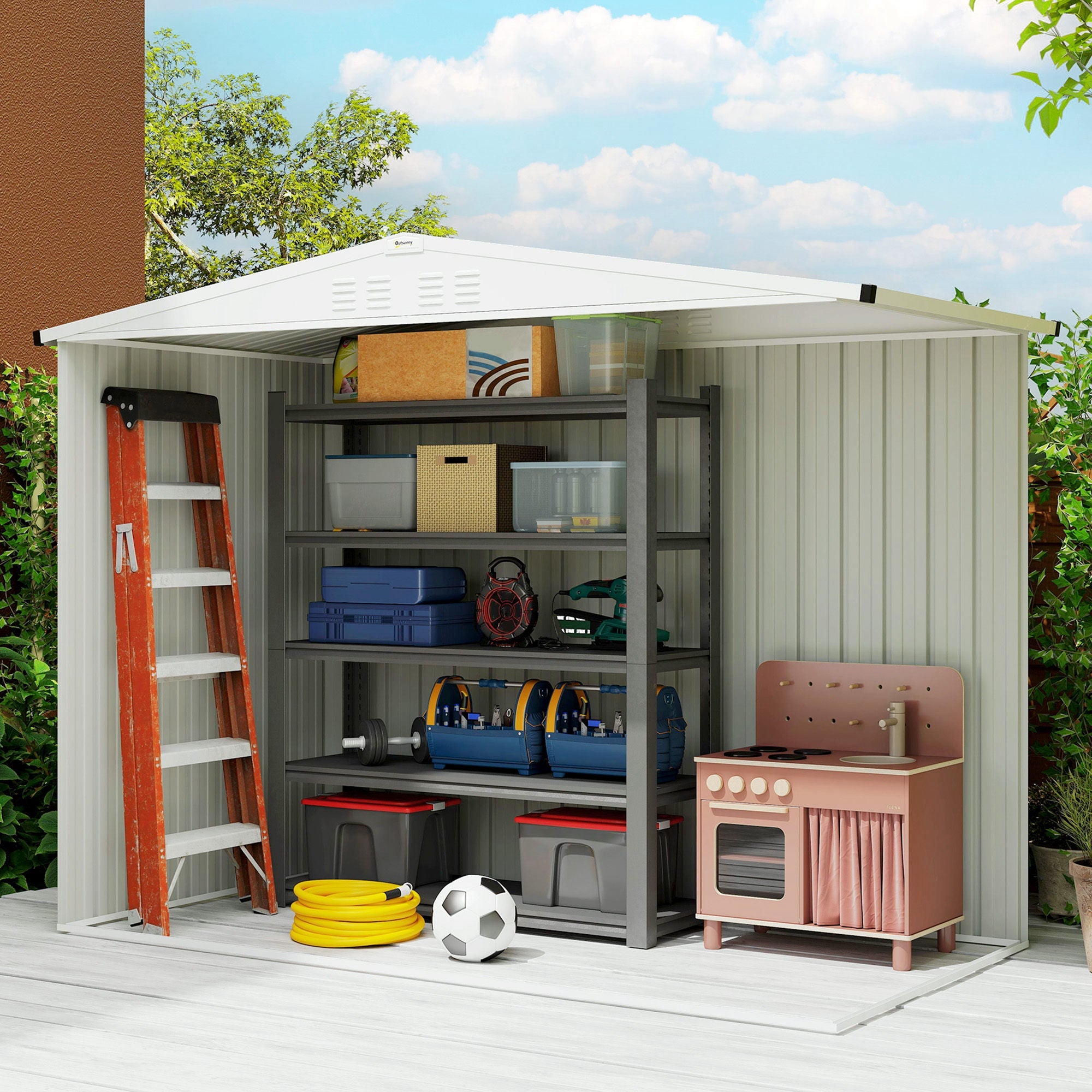 8 x 4 ft Metal Garden Shed, Garden Storage Shed with Window, 4 Vents and Lockable Door, Waterproof Galvanised Steel Tool Storage Cabinet Outsunny