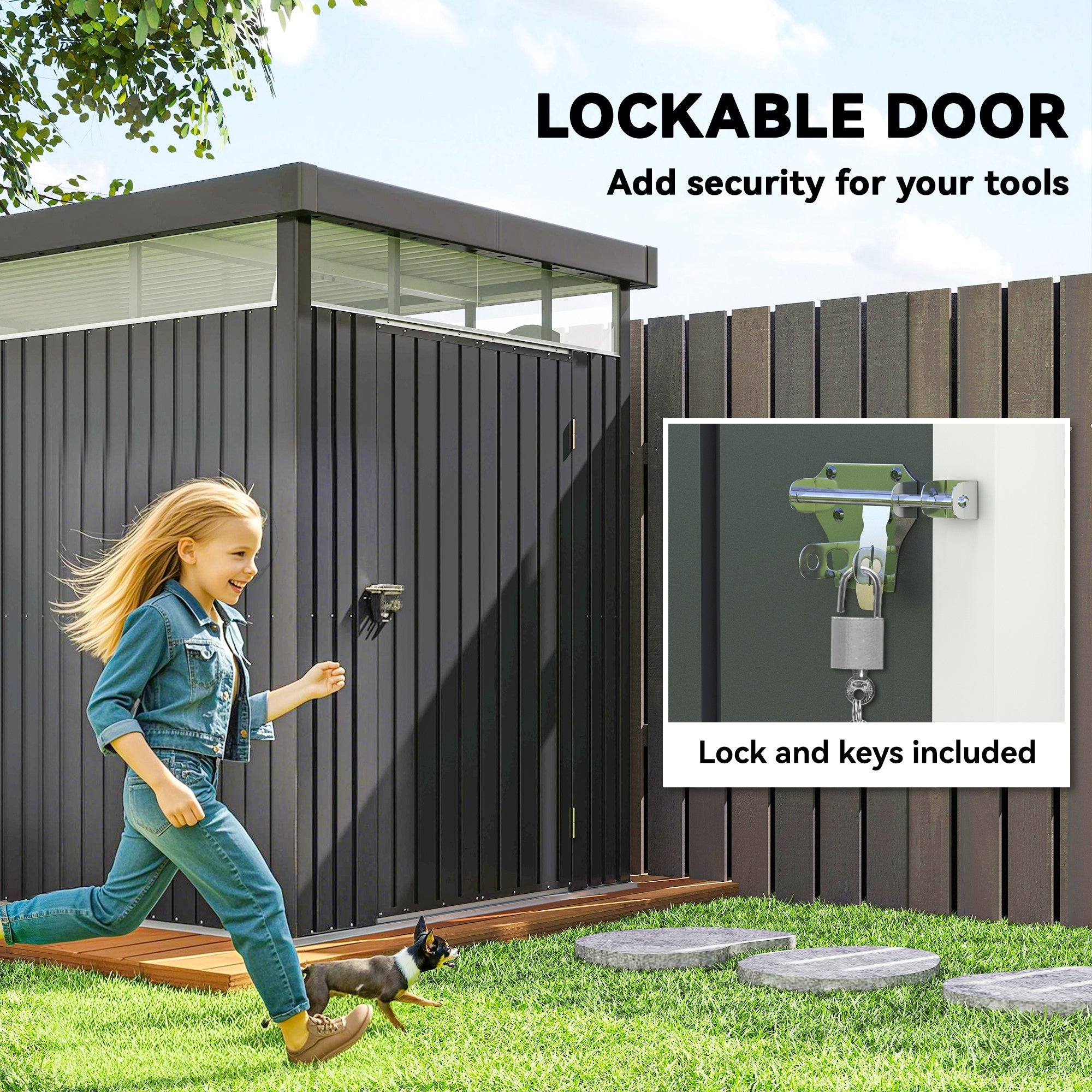 5.3 x 8.5ft Galvanised Steel Garden Shed, Metal Shed with Roof Windows, Leakage Holes and Lockable Wide Door for Outdoor Patio Tool Storage Outsunny