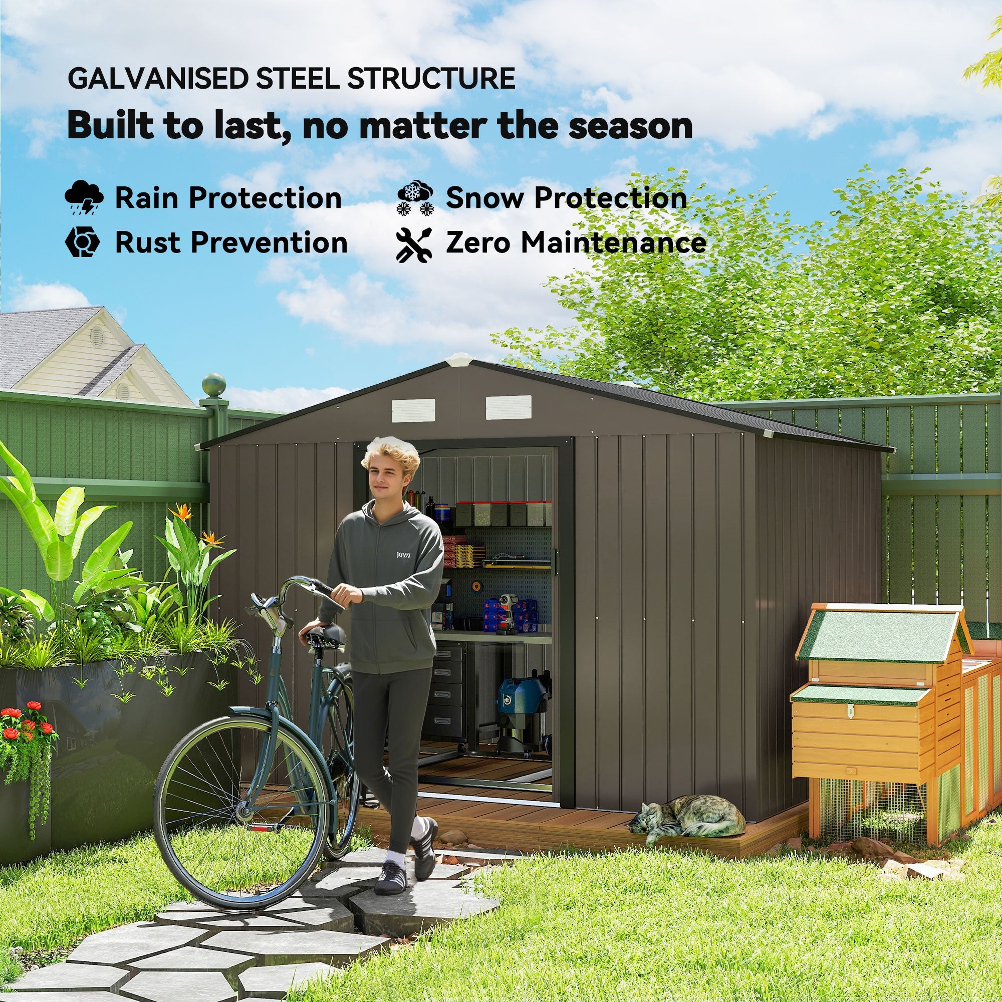 9 x 6ft Metal Garden Shed, Outdoor Storage Tool House with Ventilation Slots, Foundation Kit and Lockable Double Doors Outsunny