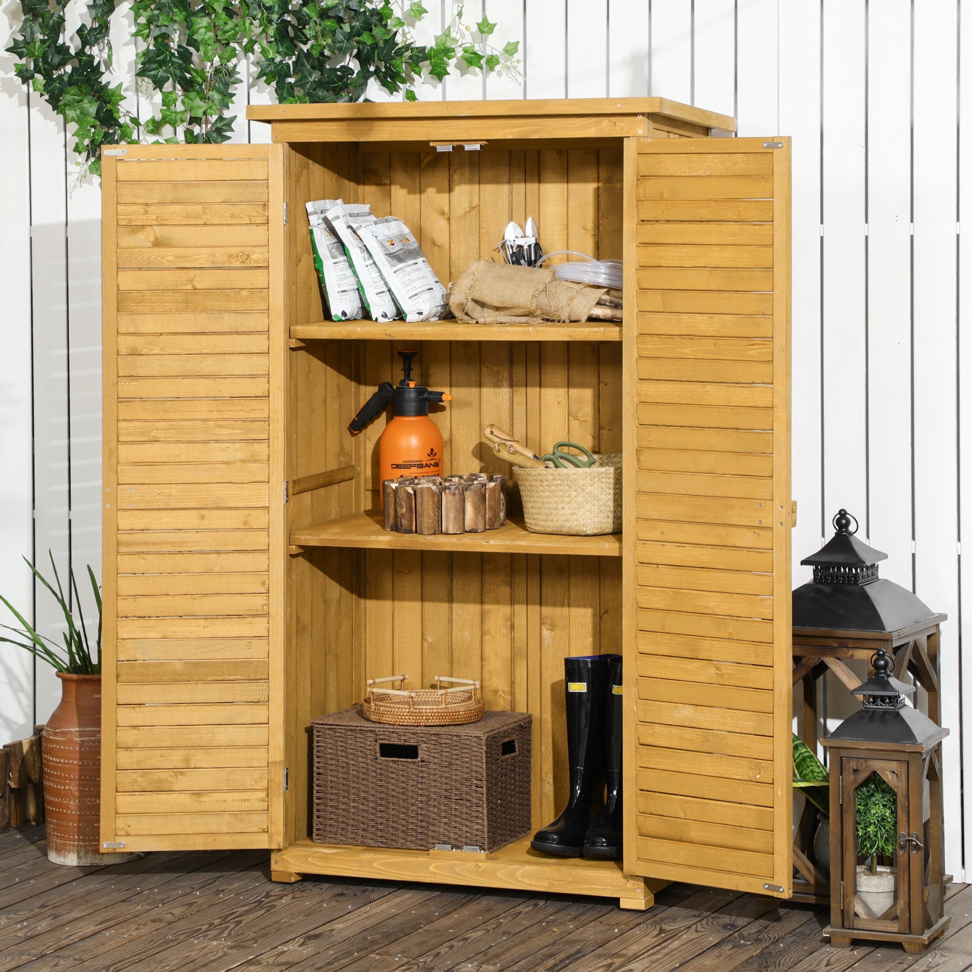Wooden Garden Storage Shed, Compact Utility Sentry Unit, 3-Tier Shelves Tool Cabinet Organizer with Asphalt Roof and Shutter Design, 87cm x 47cm x 160cm Outsunny