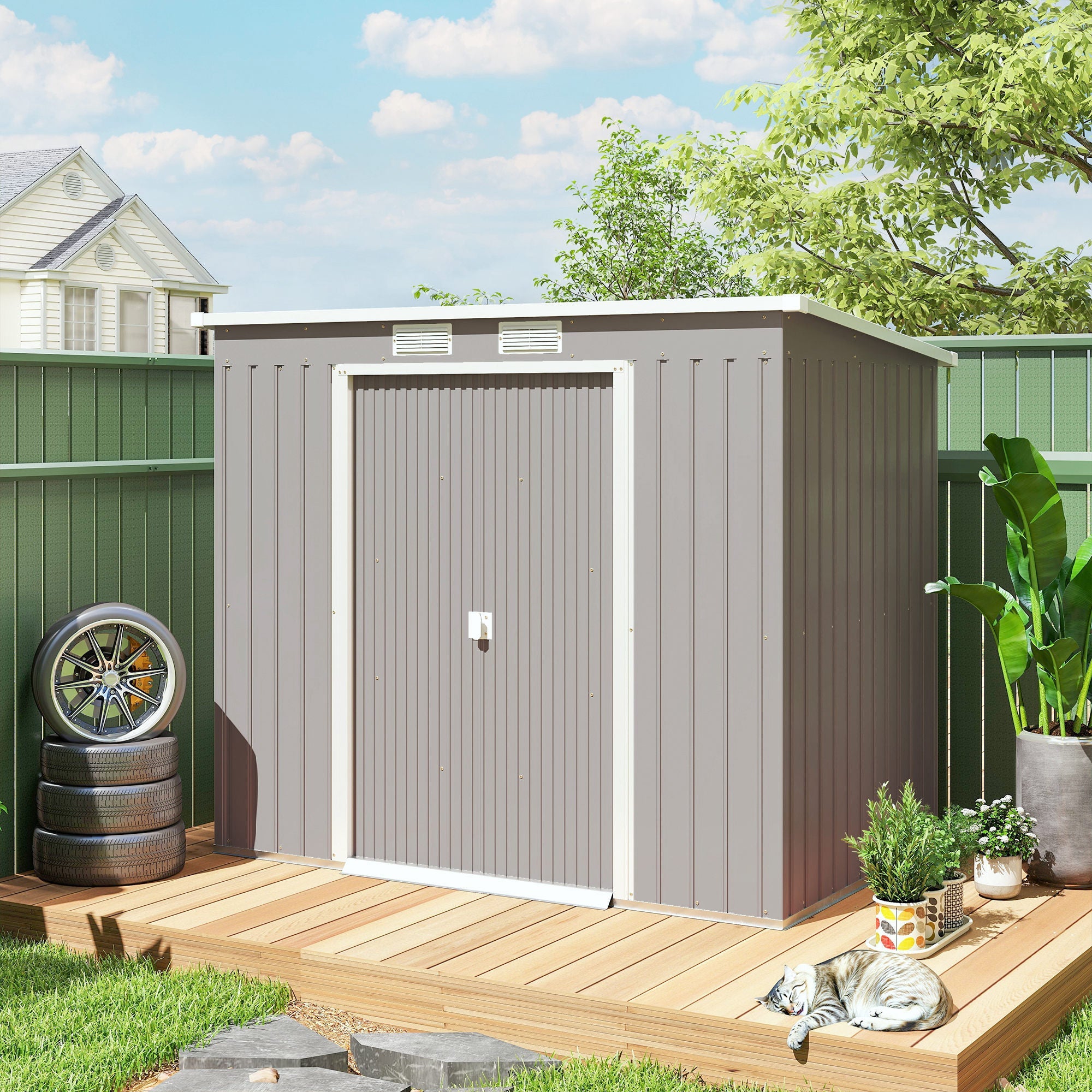 7 x 4 Garden Shed, Galvanised Steel, Metal Lean-to Tool Shed with Foundation Kit Outsunny