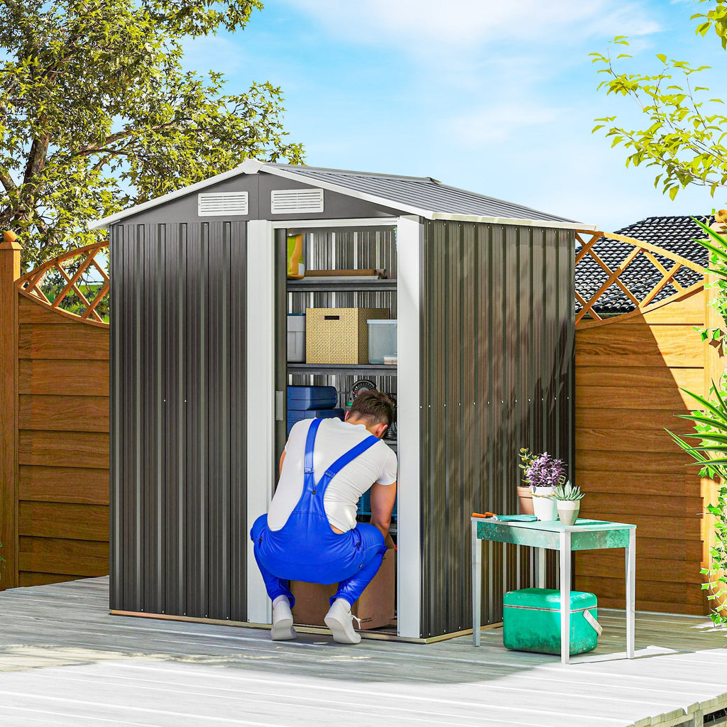 Garden Metal Tool Storage Shed with Sliding Door, Sloped Roof and Foundation Kit, 152 x 132 x 188cm Outsunny