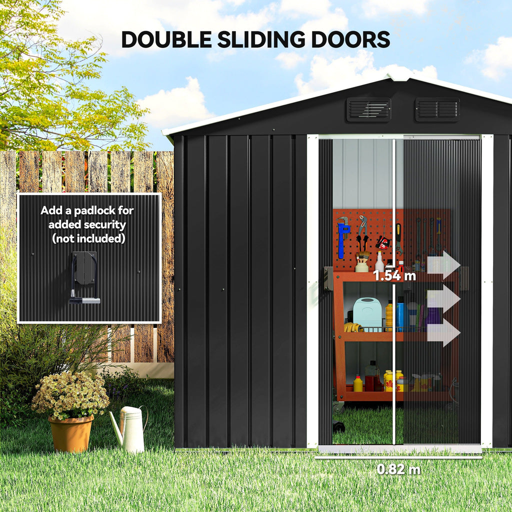 7.7 x 5.7ft Metal Garden Shed, Galvanised Outdoor Tool Storage House with Ventilation Slots and Sliding Doors Outsunny