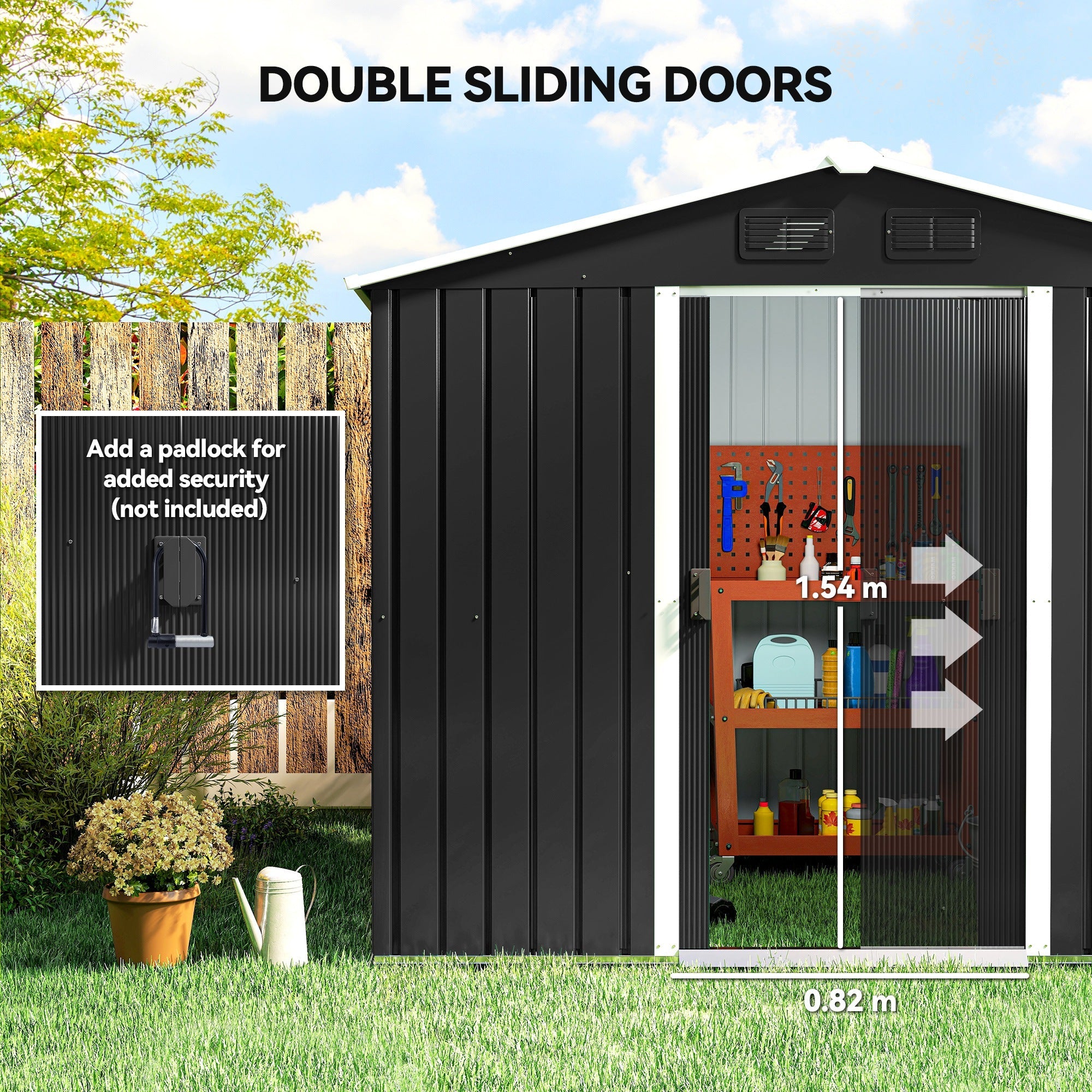 7.7 x 5.7ft Metal Garden Shed, Galvanised Outdoor Tool Storage House with Ventilation Slots and Sliding Doors Outsunny