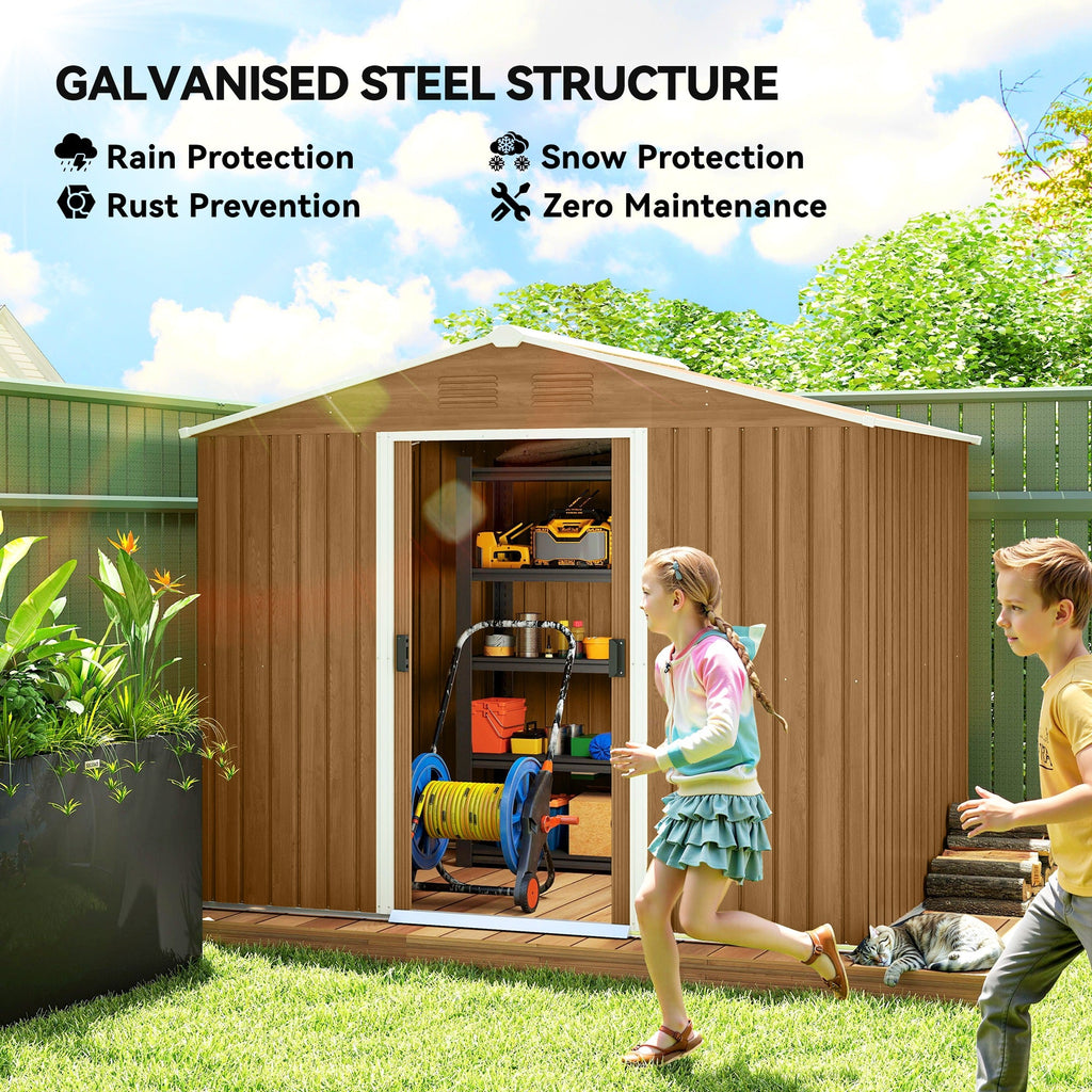 8x6 Metal Storage Shed Galvanised Steel Frame with Sloped Roof & Double Door for Homeowners, Brown Outsunny