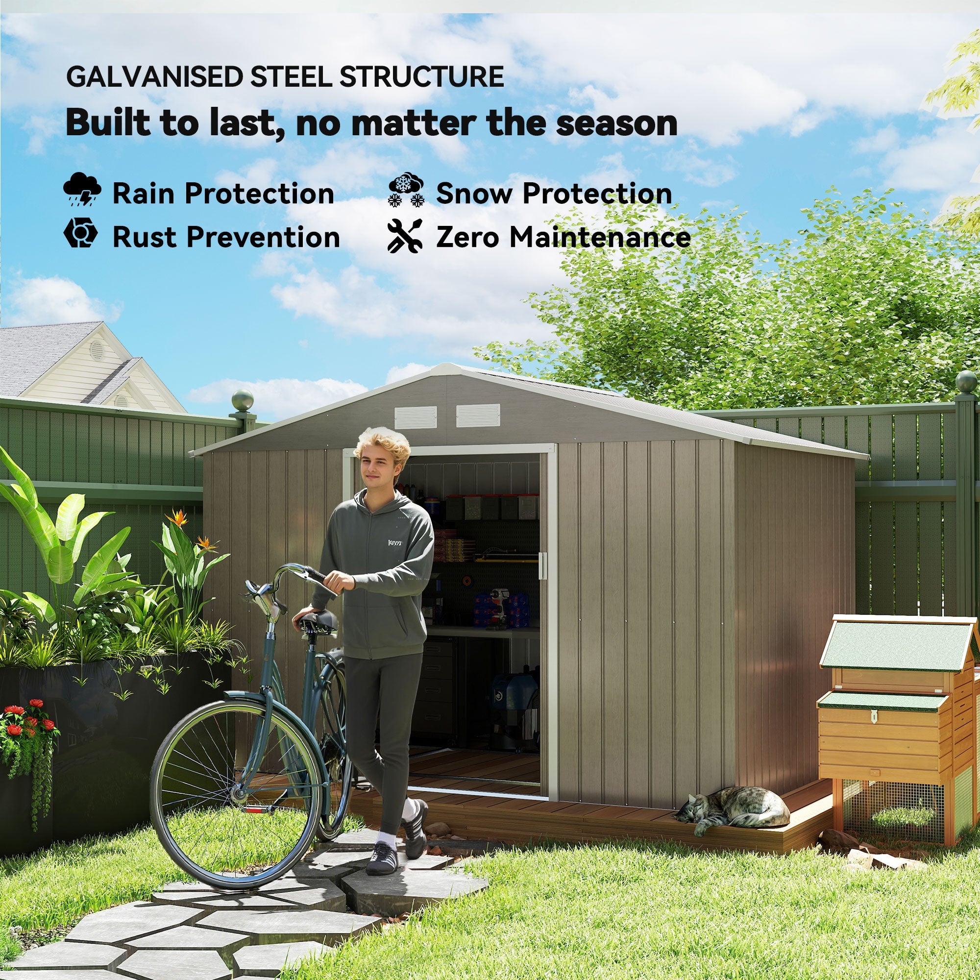 9 x 6ft Steel Garden Shed, Outdoor Storage Tool House with Vents, Foundation and Lockable Double Doors Outsunny