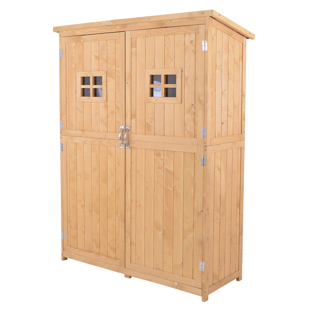 Wooden Garden Shed with Two Windows, Tool Storage Cabinet, Outdoor Double Door Organizer 127.5L x 50W x 164H cm, Natural Outsunny