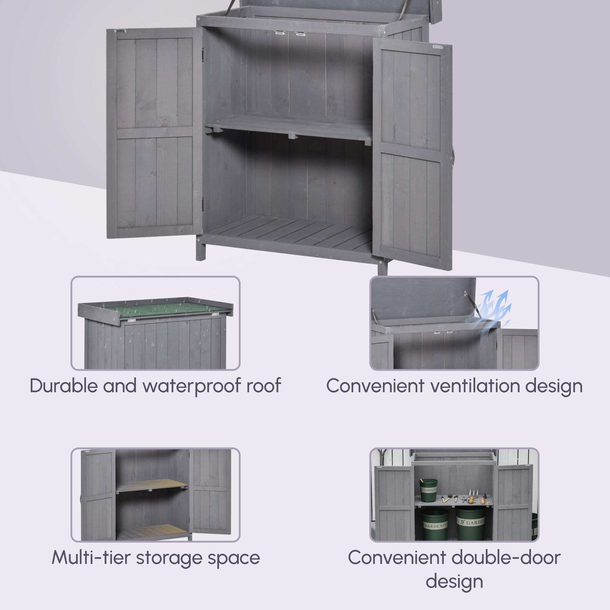 Small Shed, Wooden Garden Shed with Openable Hinged Roof and Removable Shelf, Outdoor Tool Storage Cabinet Chest with Double Doors, 74 x 43 x 88 cm Outsunny