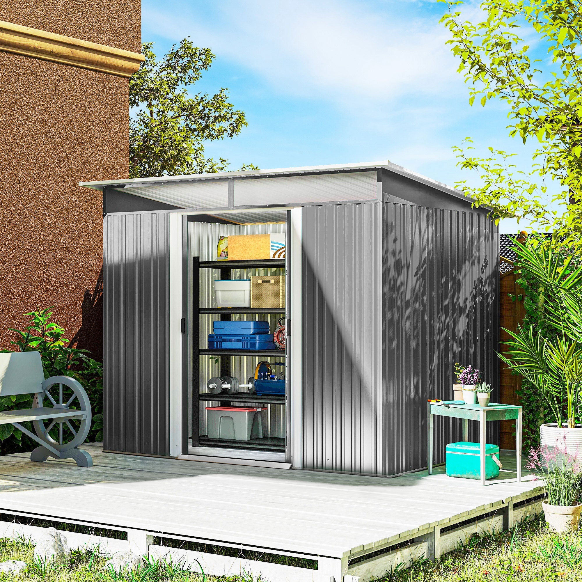 Garden Metal Storage Shed House Hut Gardening Tool Storage w/ Tilted Roof and Ventilation 8.5 x 6ft Outsunny