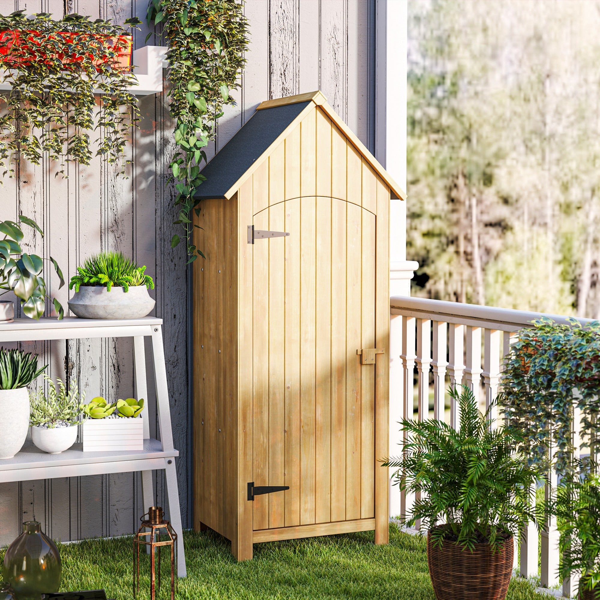 Small Shed, Wooden Garden Storage Shed with 3 Shelves, Outdoor Tool Storage Cabinet with Tilt Roof and Lockable Door, 77.5 x 54.2 x 179.5 cm, Natural Outsunny