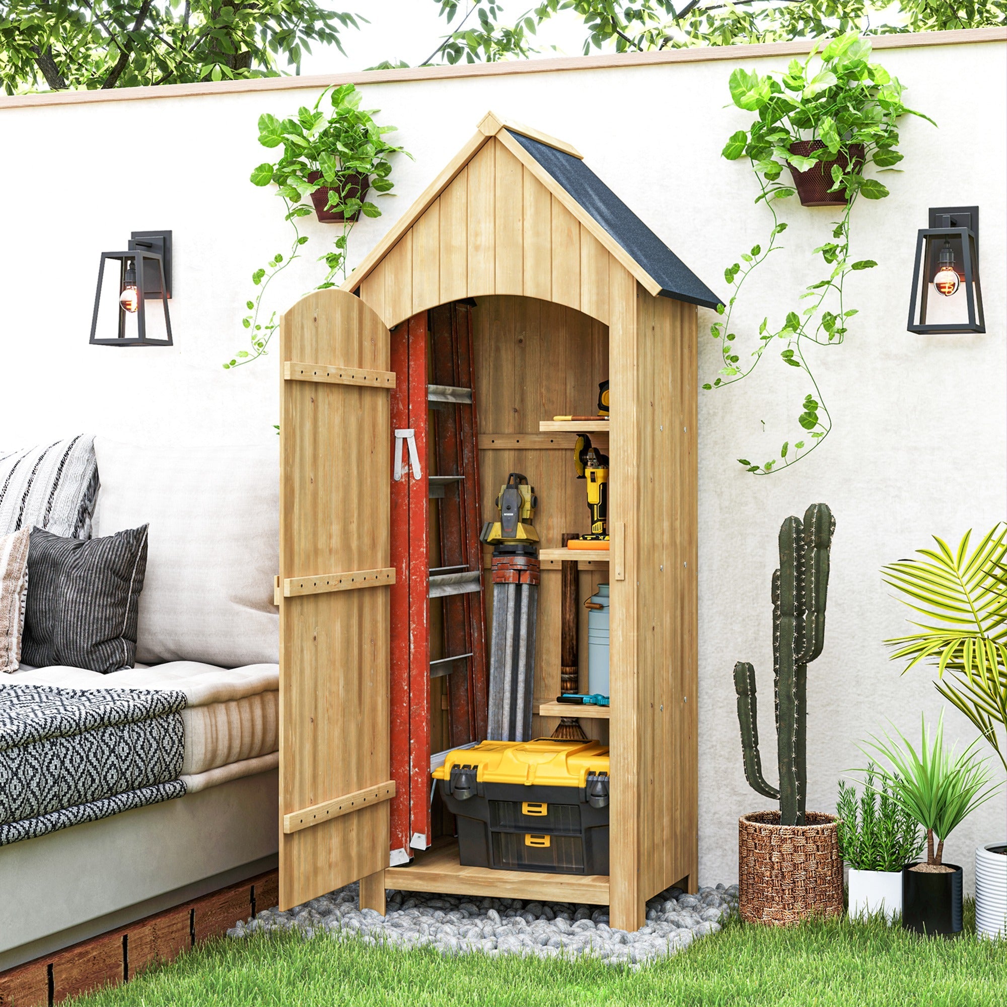 Small Shed, Wooden Garden Storage Shed with 3 Shelves, Outdoor Tool Storage Cabinet with Tilt Roof and Lockable Door, 77.5 x 54.2 x 179.5 cm, Natural Outsunny