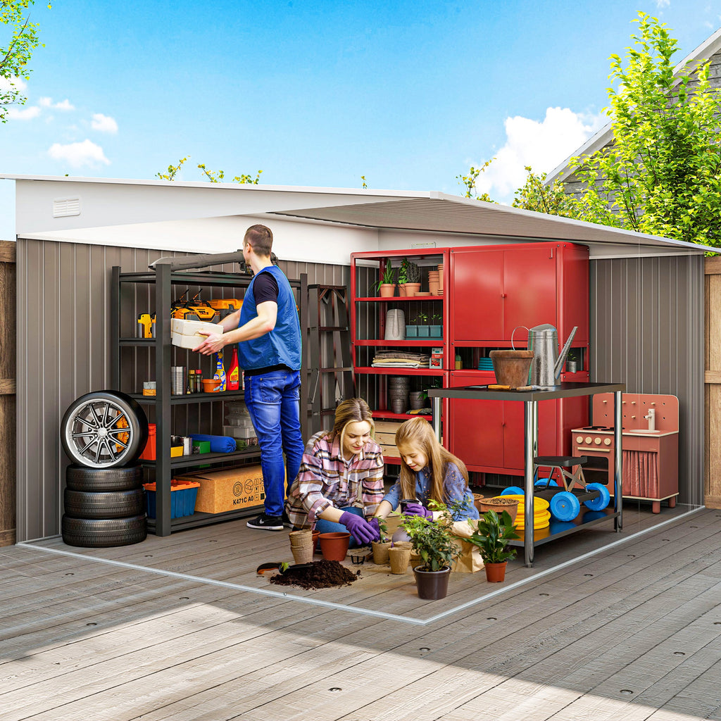 11.3 x 9.2ft Lean to Metal Garden Shed, Outdoor Galvanised Tool Storage House with Double Sliding Doors and 2 Air Vents