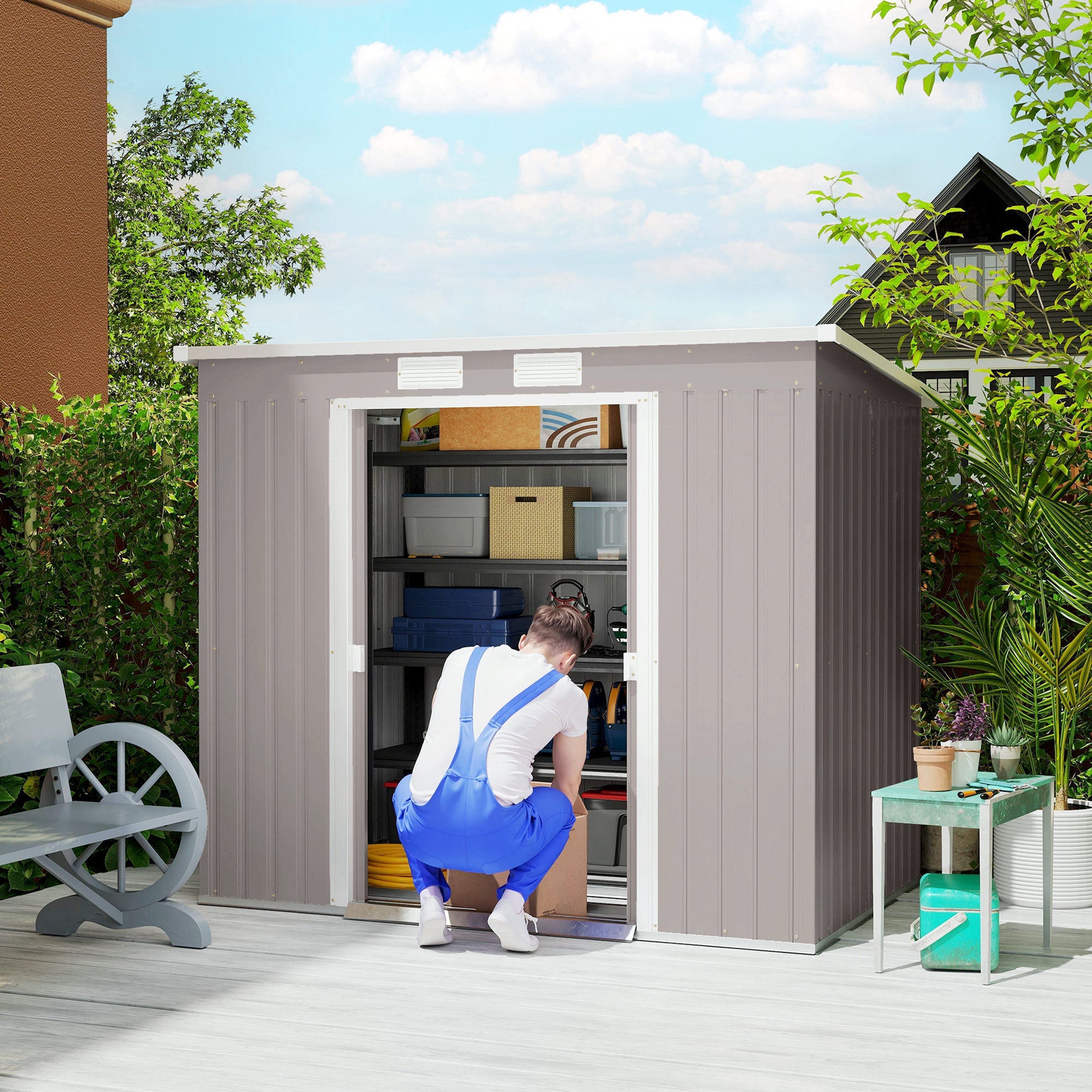 7 x 4 Garden Shed, Galvanised Steel, Metal Lean-to Tool Shed with Foundation Kit Outsunny