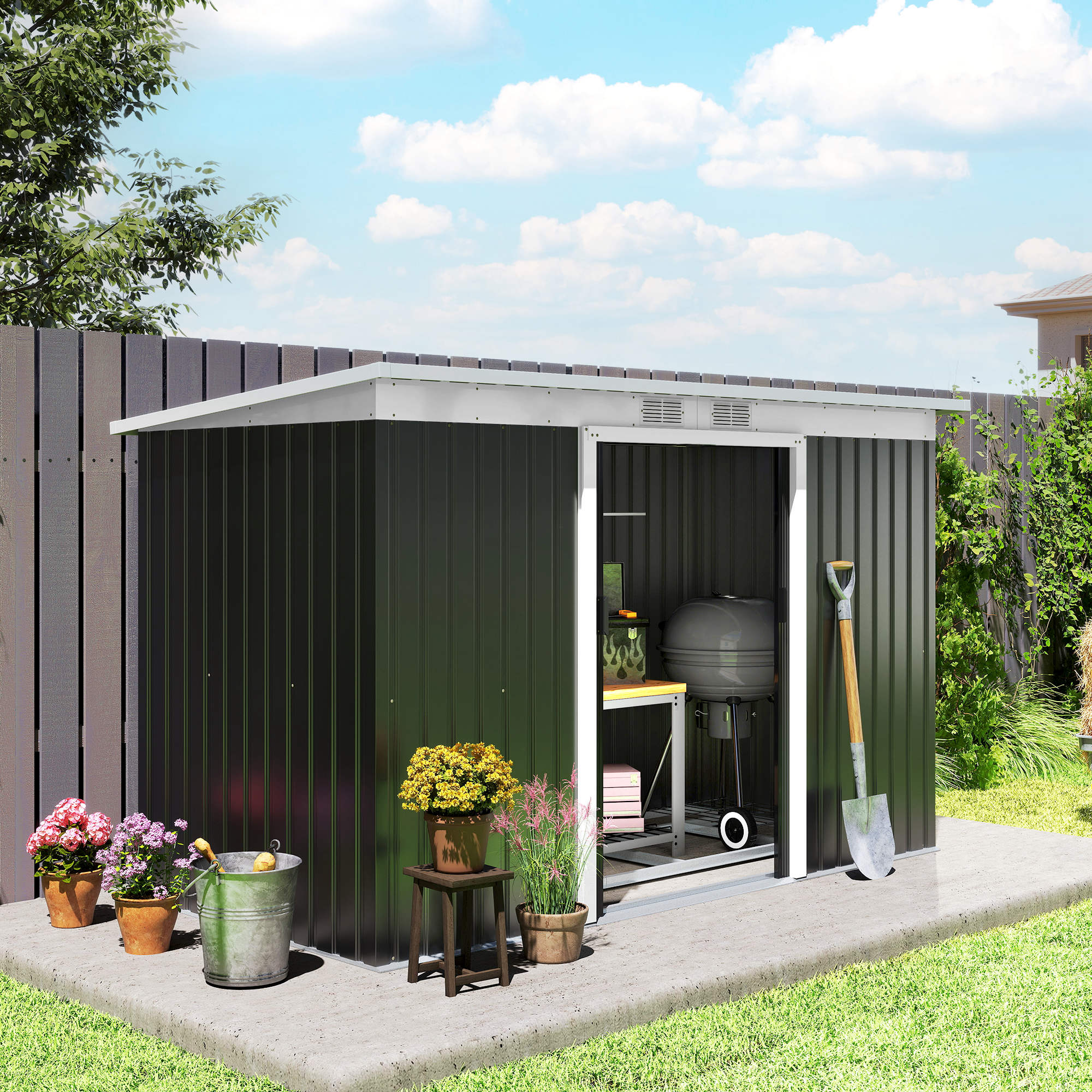 9ft x 4ft Metal Garden Shed, Outdoor Tool House with Foundation Kit, Ventilations and Double Doors Outsunny