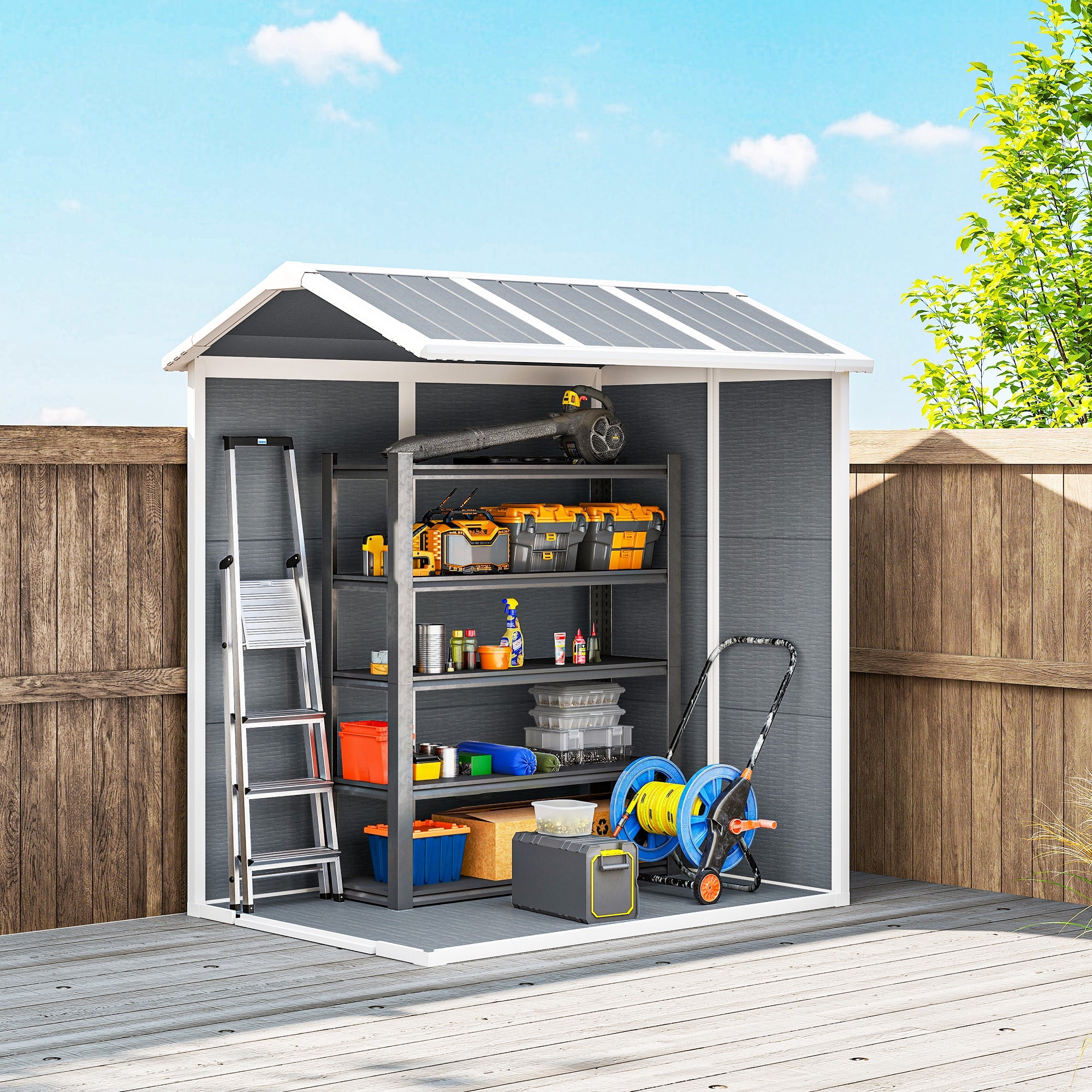 4 x 6ft Garden Shed, Plastic Shed with Floor, Window, Lockable Door and Vents, Resin Tool Shed for Outdoor Patio Storage, Zero Maintenance, Grey Outsunny