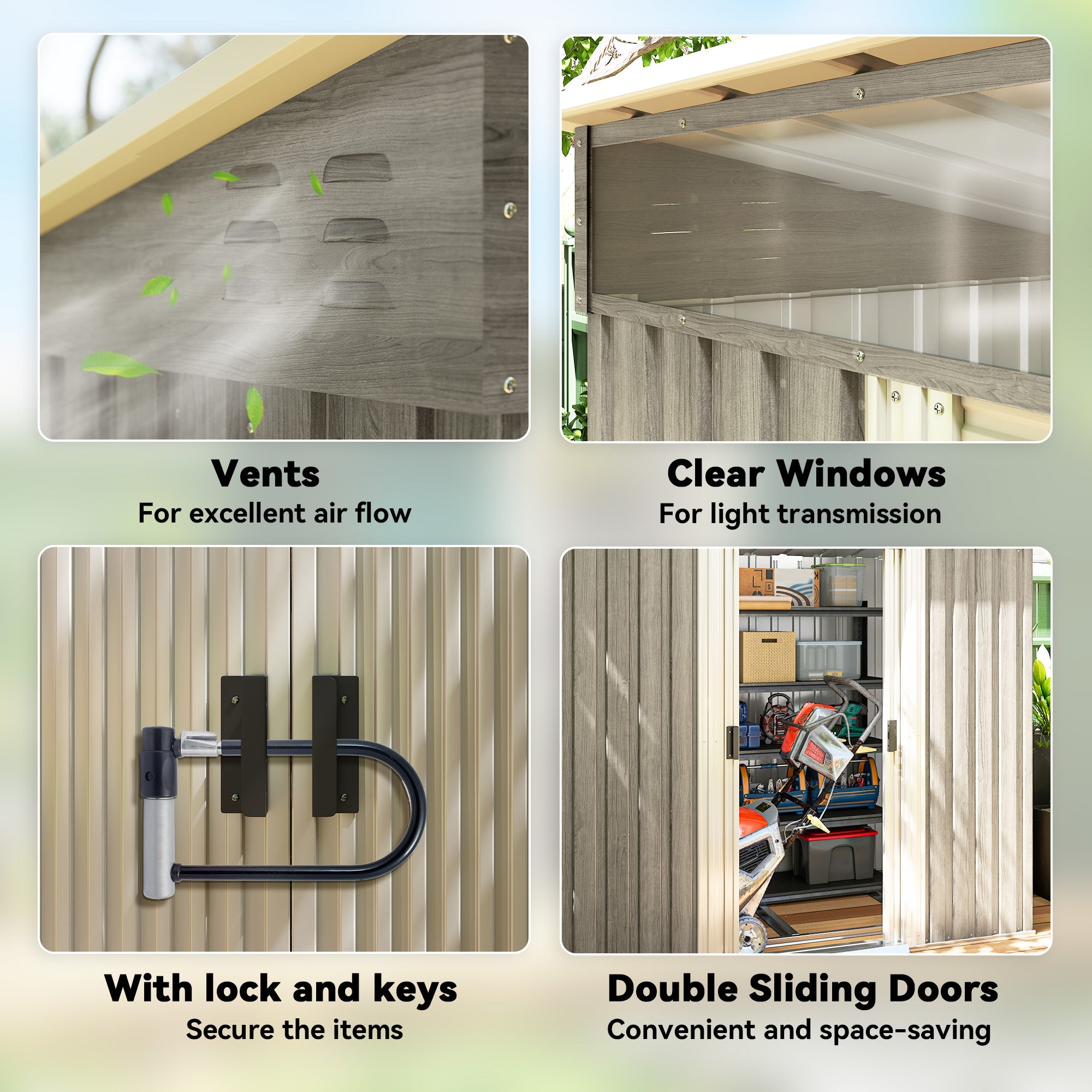 6.5 x 4FT Galvanised Metal Shed with Foundation Kit, Lockable Tool Garden Shed with Double Sliding Doors, Vents Wood Effect Outsunny