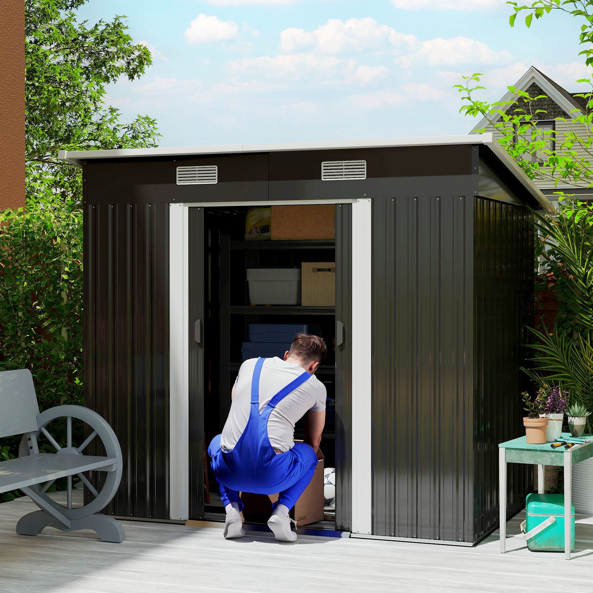 7 x 4ft Outdoor Storage Shed with Foundation Kit, Lean to Metal Garden Shed for Log, Rubbish Bin, Tool, Lawnmower, Bike, Patio and Lawn Use Outsunny