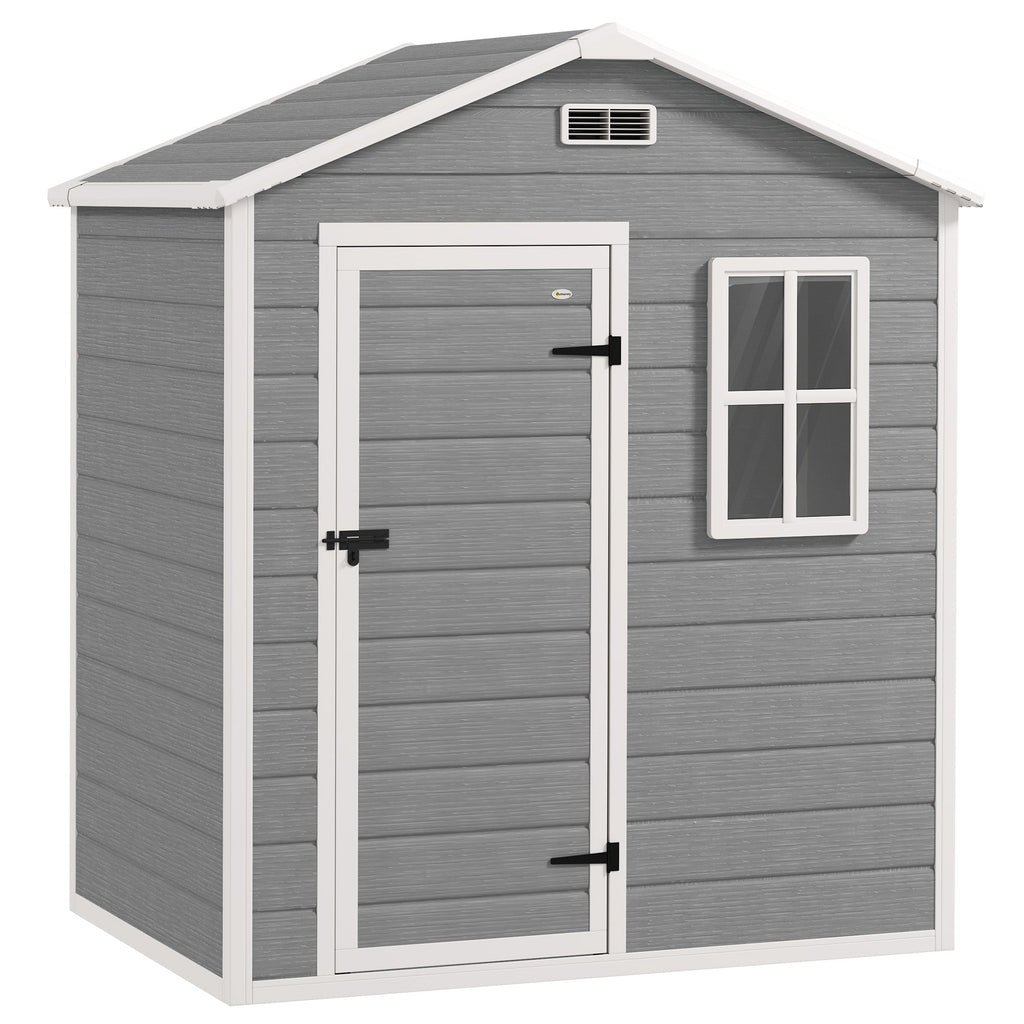 6 x 4ft Garden Shed, Plastic Shed with Floor, Window, Lockable Door and Vents, Wood Effect Resin Tool Shed for Outdoor, Grey Outsunny