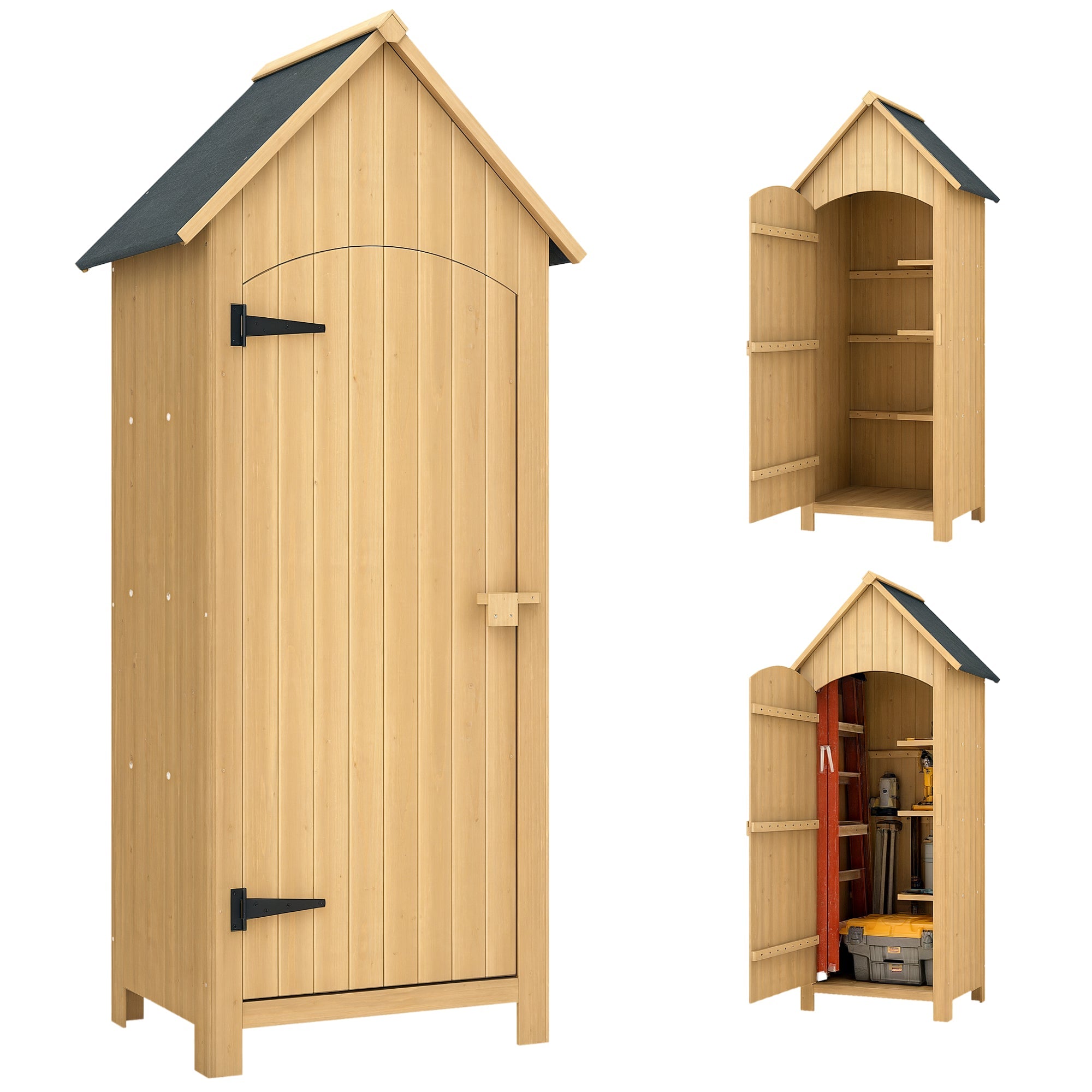 Small Shed, Wooden Garden Storage Shed with 3 Shelves, Outdoor Tool Storage Cabinet with Tilt Roof and Lockable Door, 77.5 x 54.2 x 179.5 cm, Natural Outsunny
