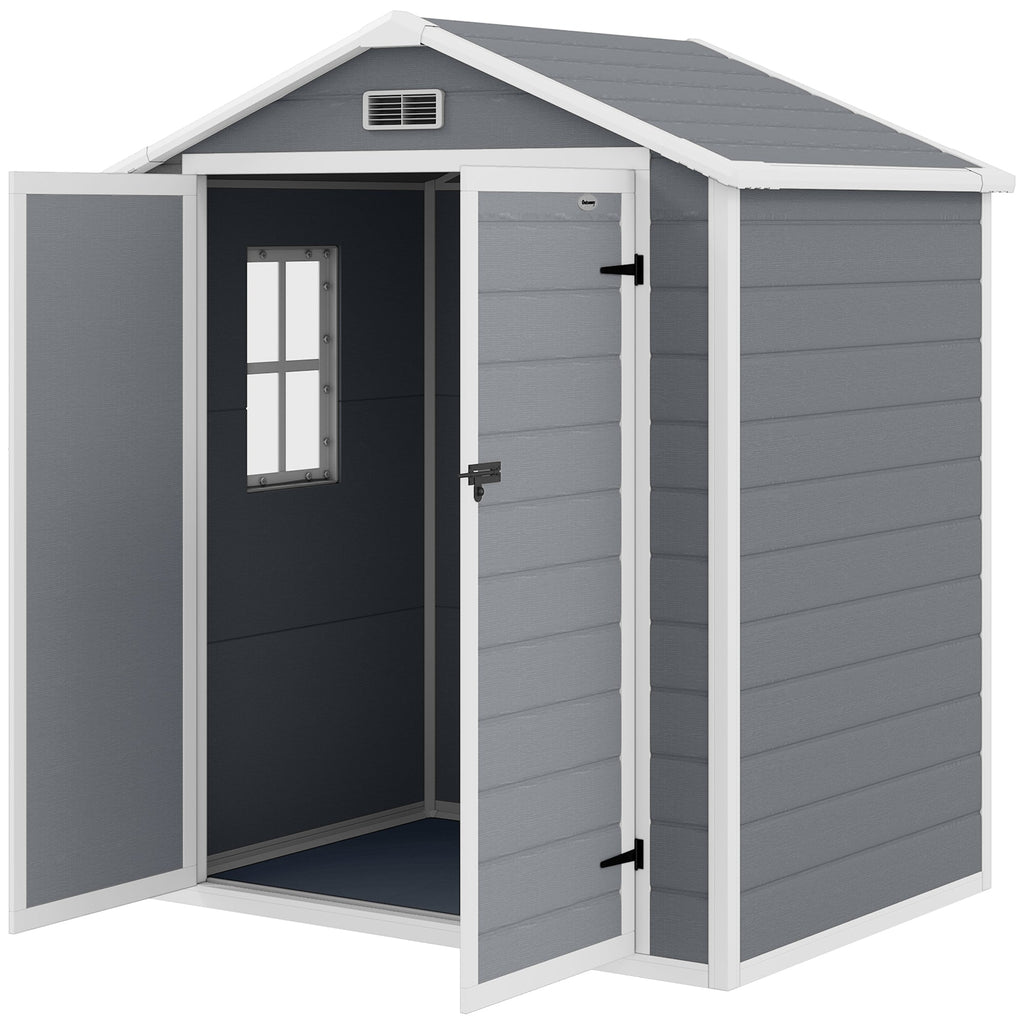 6'x4.5' Garden Storage Shed, Lockable Garden Shed with Double Doors, Window, Vent and Plastic Roof, Grey Outsunny